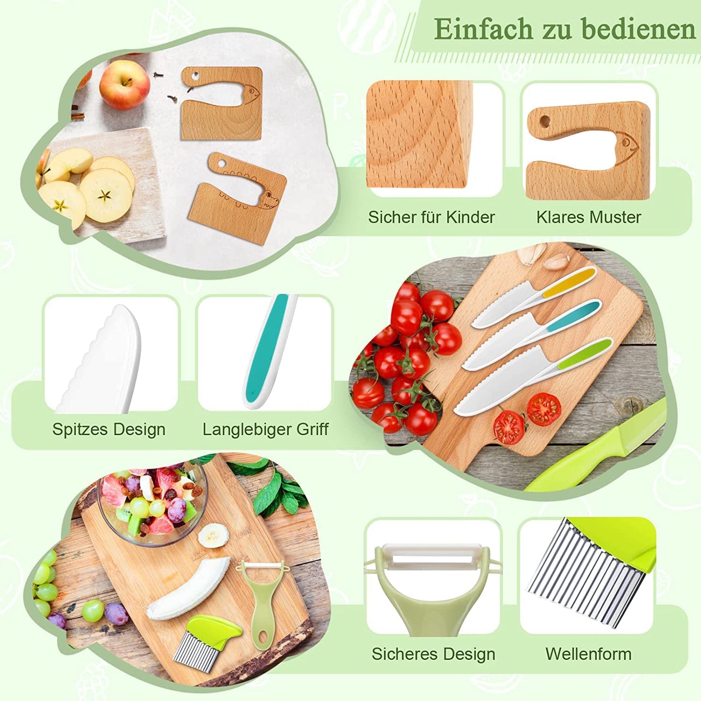Children's Knife 16-piece children's kitchen knife set for cutting and cooking fruit or vegetables for toddlers, including wooden knife cutting board peeler children's scissors cookie cutters (fish)