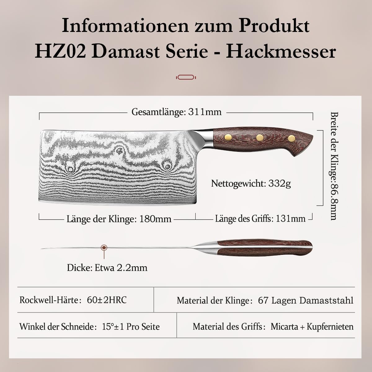 HEZHEN 18cm Cleaver, Professional Chinese Chef Knife, Damascus Steel Sharp Kitchen Knife, Vegetable Meat Cleaver Cutting Knife, Ergonomic Micarta Handle