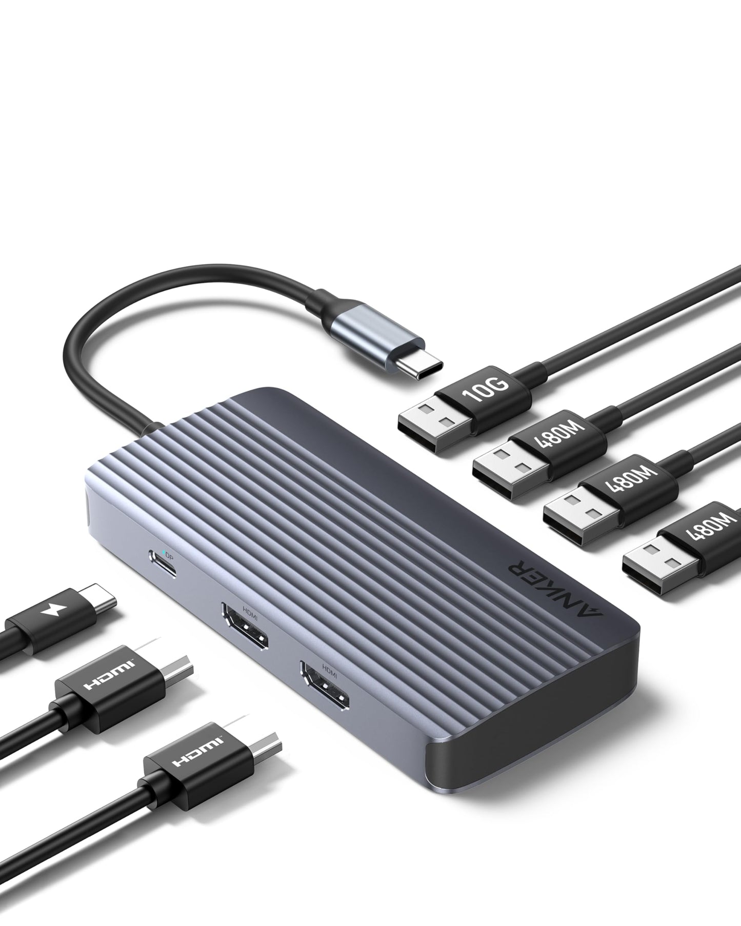Anchor 7-in-1 USB-C Hub, Dual Display USB-C Docking Station, Dual HDMI Display, 100W Power Delivery, 10Gbit/s data transfers, USB ports for MacBook Air/Pro, Dell XPS, iPad Pro, and more.