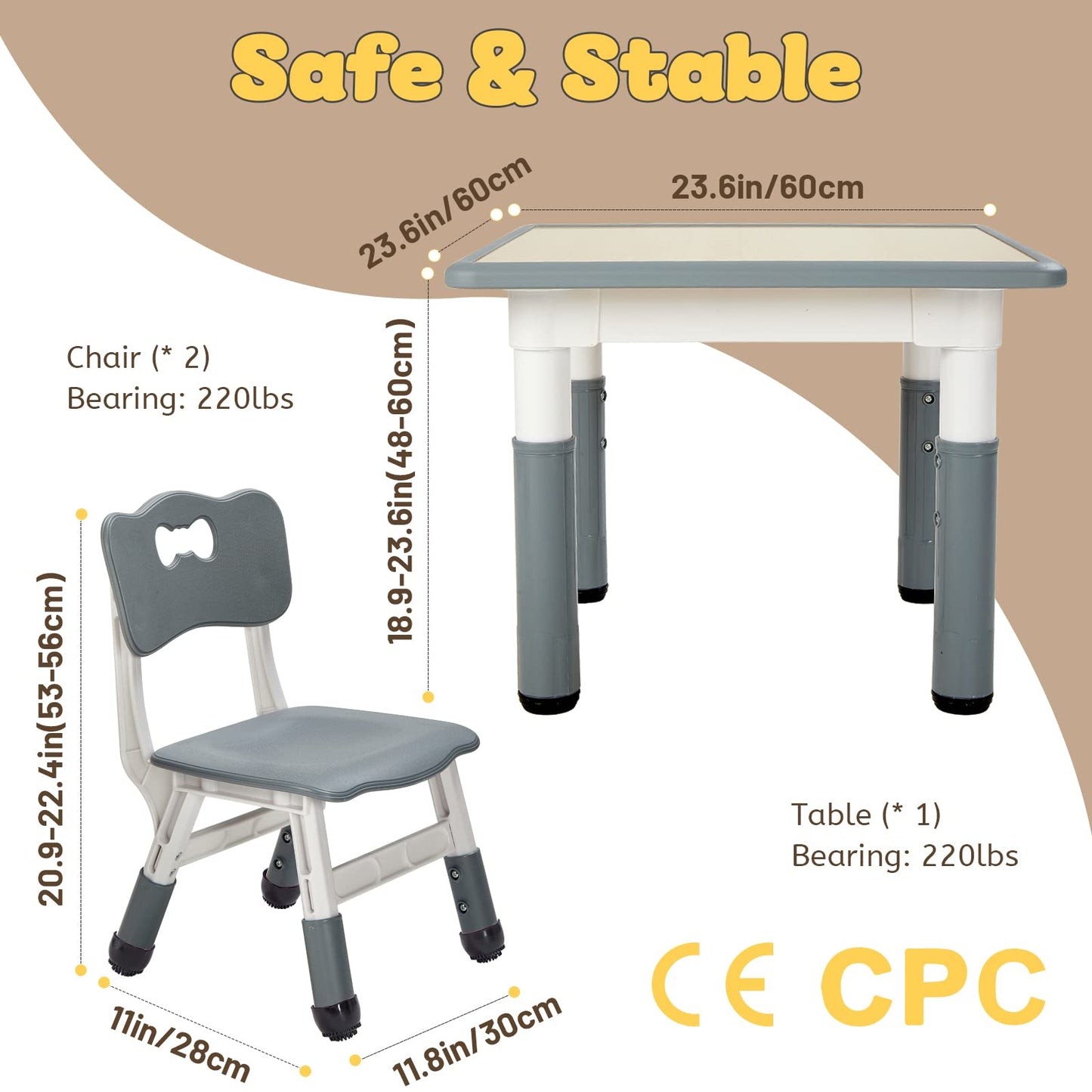 FUNLIO Kids Room Table & Chair Set, adjustable height for children aged 3-8, easy-to-clean art table, for classrooms/daycares/homes, CPC certified (3 pieces) - gray