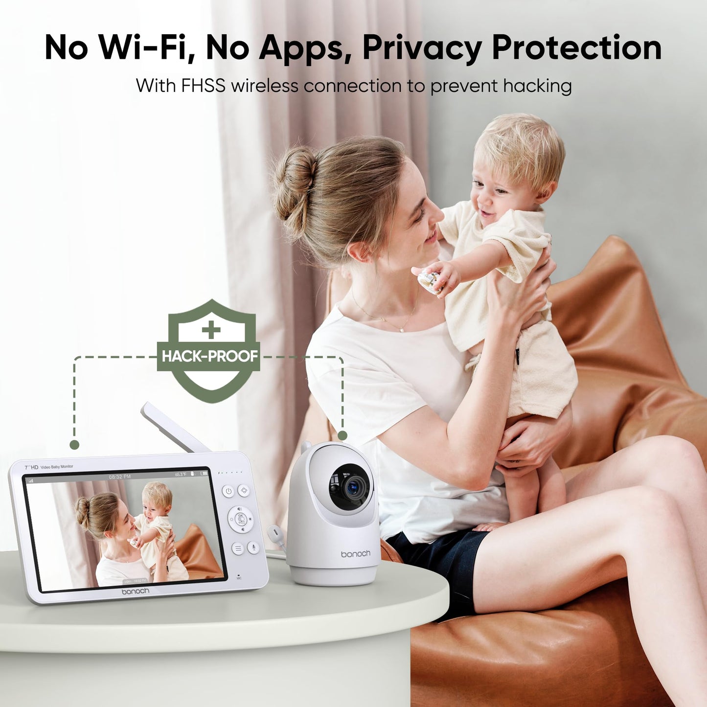 Bonoch 7-inch baby monitor with camera, 720P HD, 6000mAh battery, night vision, two-way audio, remote PTZ, VOX mode, temperature sensor, 8 lullabies.