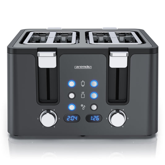 Arendo - 4-Slice Stainless Steel Toaster - with Bun Attachment - 4 Slots - LED Display Countdown Timer - Double-Wall Housing - Defrost Function - Crumb Tray - 6 Browning Levels - Cool Grey Design