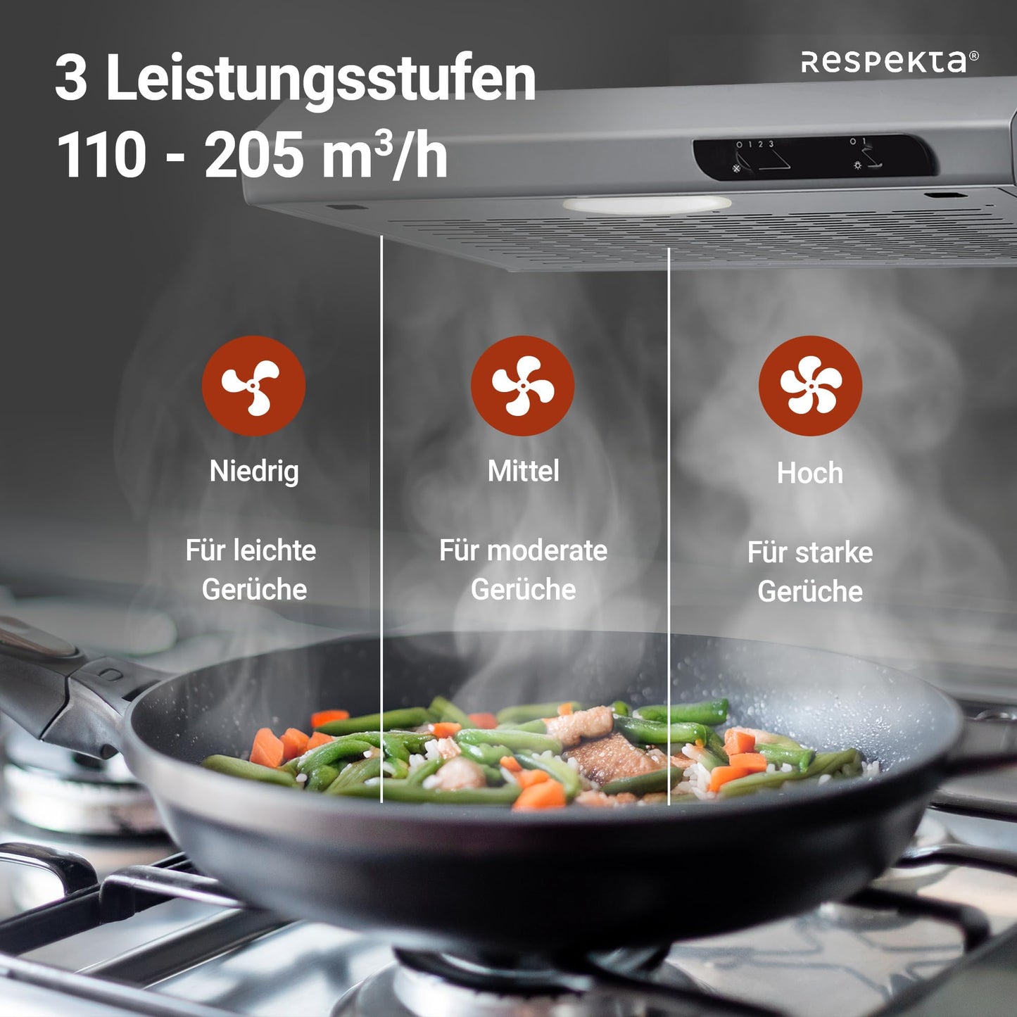 Respekta under-cabinet range hood 50 cm in stainless steel look, with exhaust and recirculating function. DH540IXL, C class, 52-68 dB.