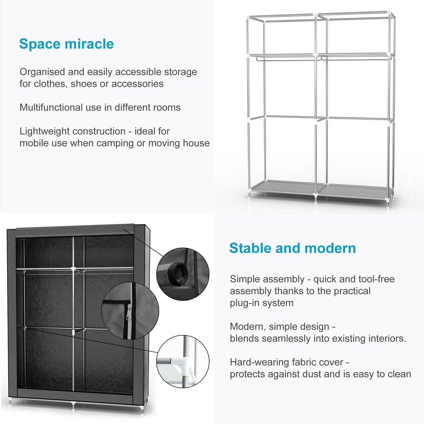 INTIRILIFE Folding Wardrobe 108x45x170 cm in GREY - Fabric wardrobe with zipper and clothes rail, side pocket and compartments - Shelving unit, metal frame, storage.