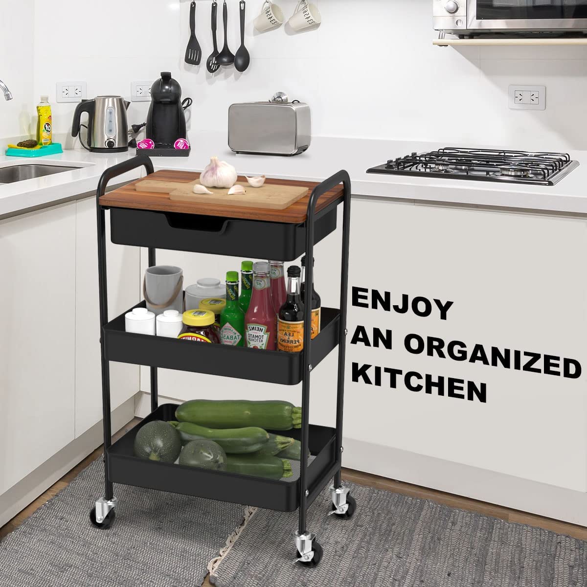 Shrivee 3-Tier Kitchen Cart with Table and Drawer, Utility Cart, Metal Utility Rolling Cart, Shelf Cart for Office Salon, Multi-Purpose Cosmetic, Serving Cart for Kitchen, Bathroom, Office (Black)