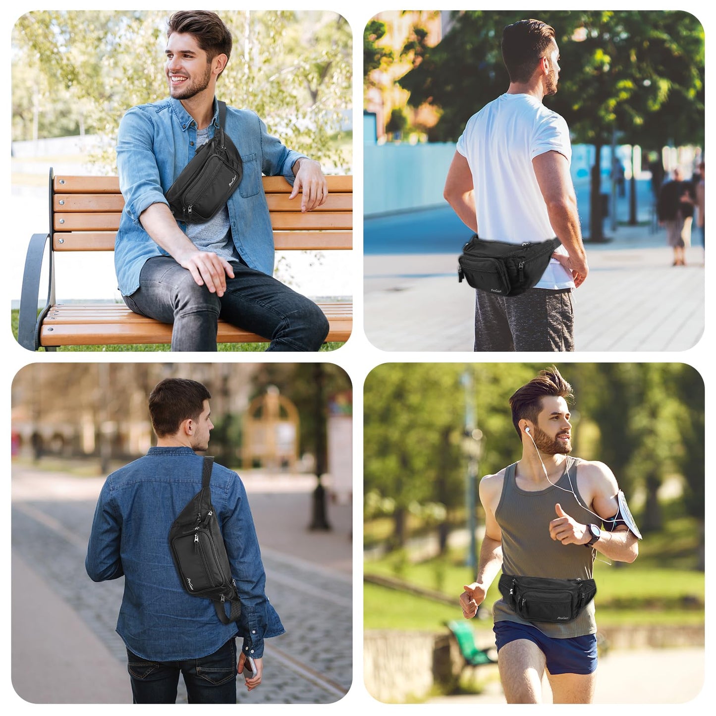 ProCase Large Waist Bag Waist Pack Waterproof Hip Bag for Men and Women Large Nylon Fanny Pack with 6 Zipper Pockets for Traveling Sports Hiking Jogging Dog Walking