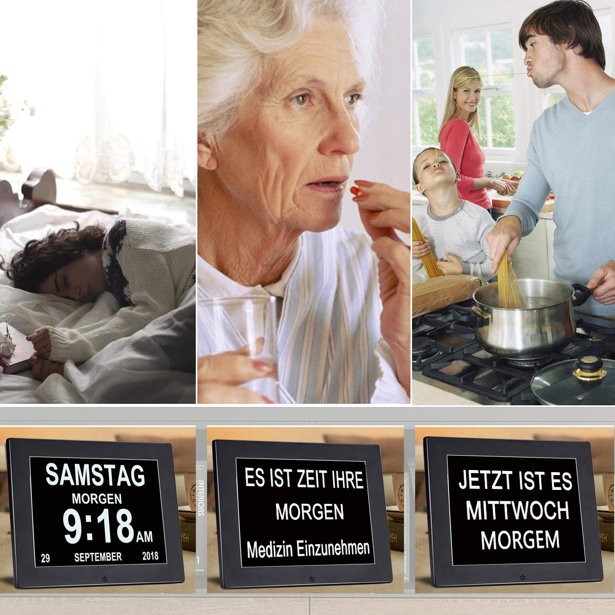 8 Inch Digital Alarm Clock, Digital Calendar Day Clock, Alarm Clock Multiple Modes with Reminder Function for Seniors, Dementia such as Alzheimer's Patients, Large Font Electronic Calendar Day Clock - Black