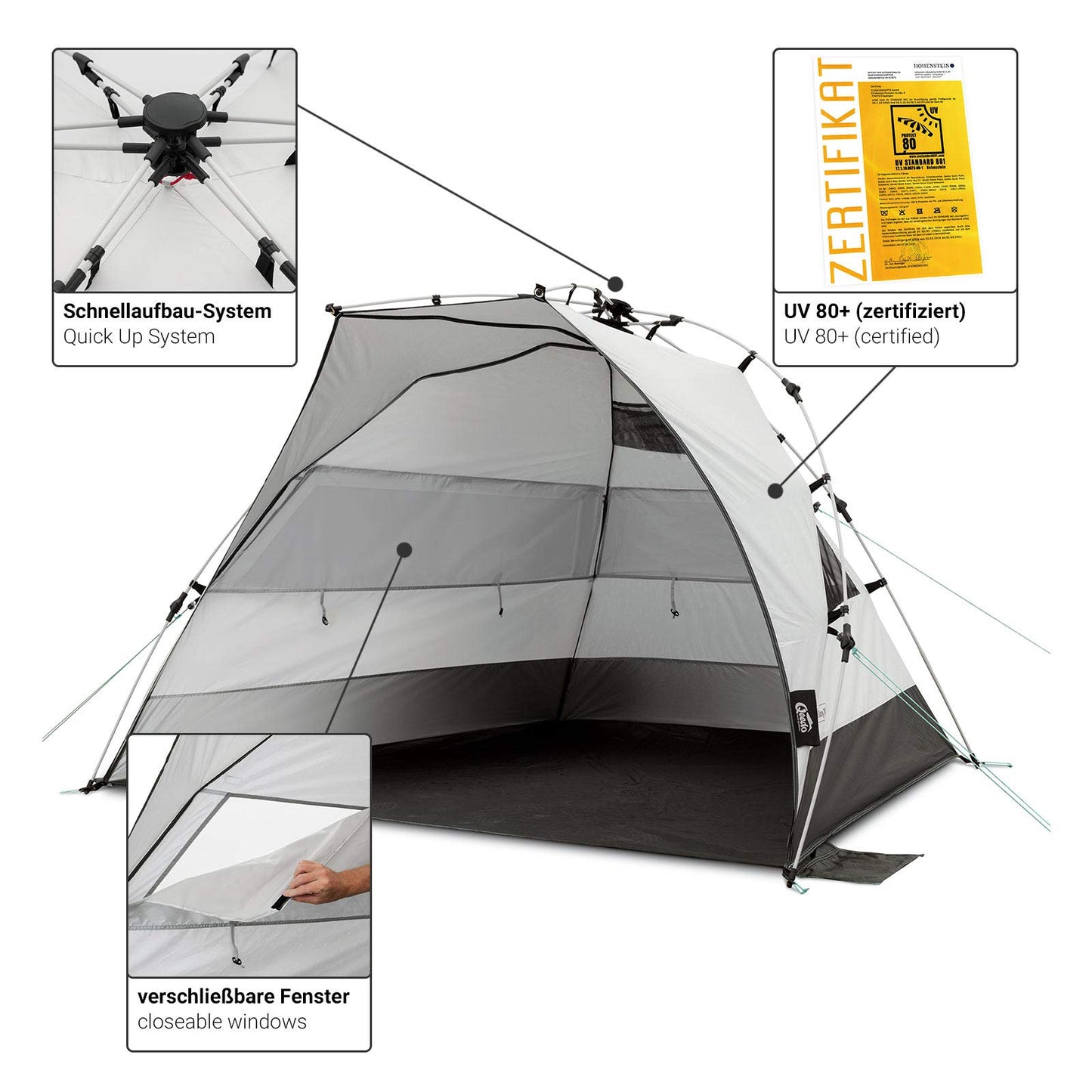 qeedo Quick Bay Pro beach tent with UV protection (UV80) beach shelter, Quick-Up system - Warmgrey