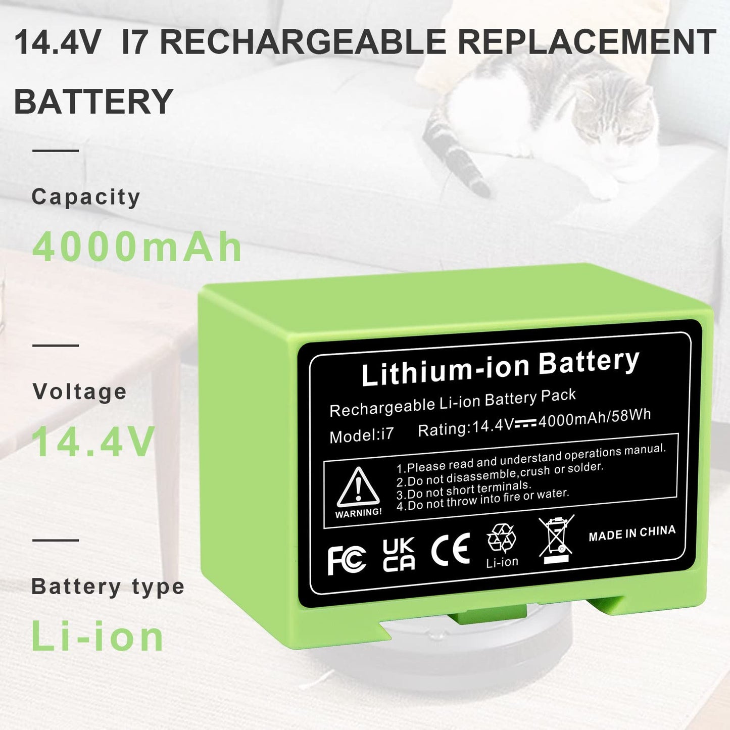 LabTEC 14.4V 4000mAh Replacement Battery for i7, Li-ion Battery for iRobot Roomba 7150 7550 3150 3550 4150 4552 i4 i4+ i3 i3+ i7158 i7550 i755020 4624864 ABL-D1 Vacuum Cleaner