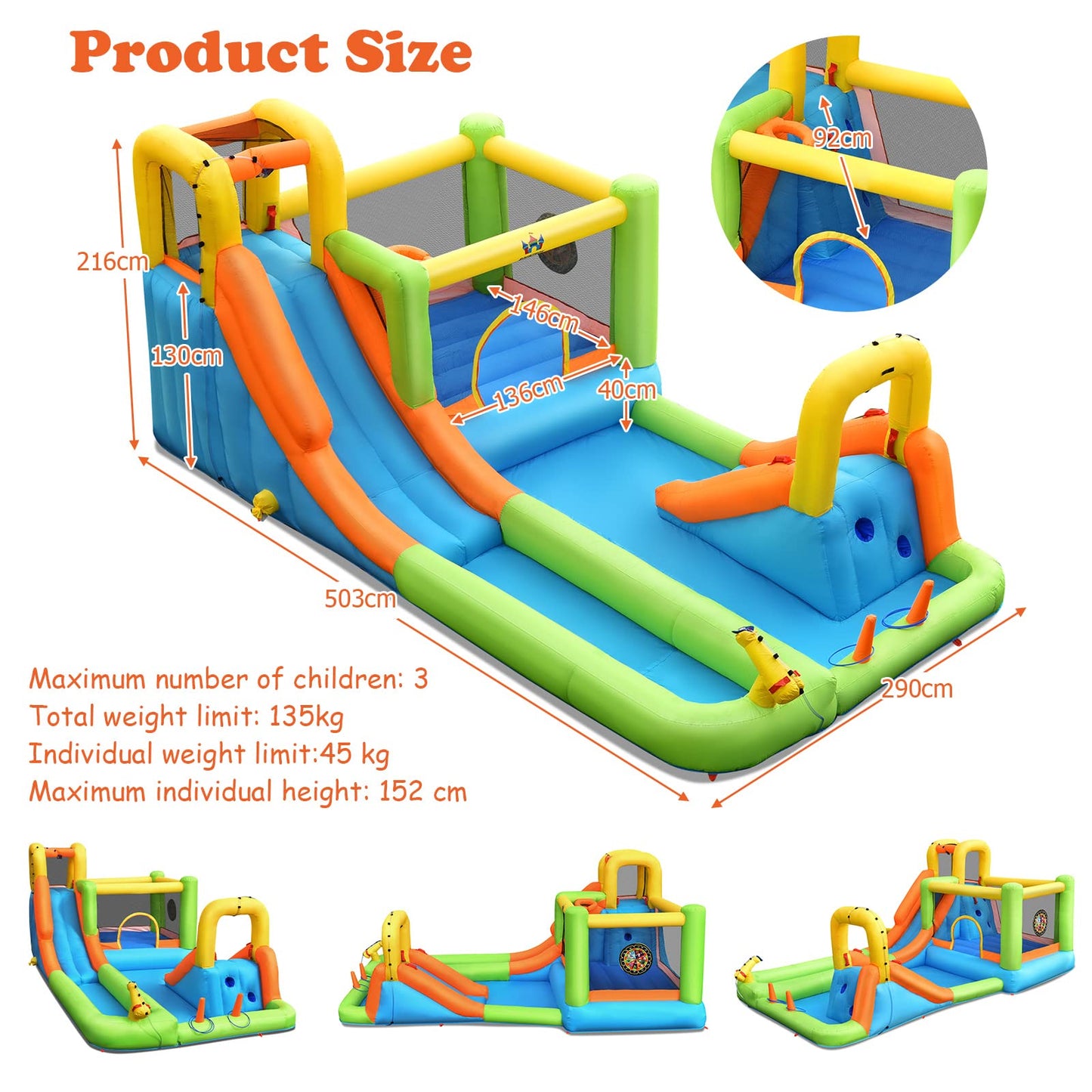 GOPLUS Inflatable Bounce House, Water Slide with 2 Splash Pools, 2 Slides, Climbing Wall, Water Cannon, Basketball Hoop, Toss Game & Target Balls, for 3-10 years, 503 × 290 × 216 cm (Without Blower)