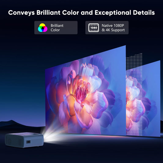 4K supported projector with 15000 lumens, native 1080P resolution, 5G WiFi, Bluetooth, 50% zoom. AKATUO mini projector for home theater and outdoor use, compatible with smartphones, HDMI, USB, laptops, and Fire TV Stick.