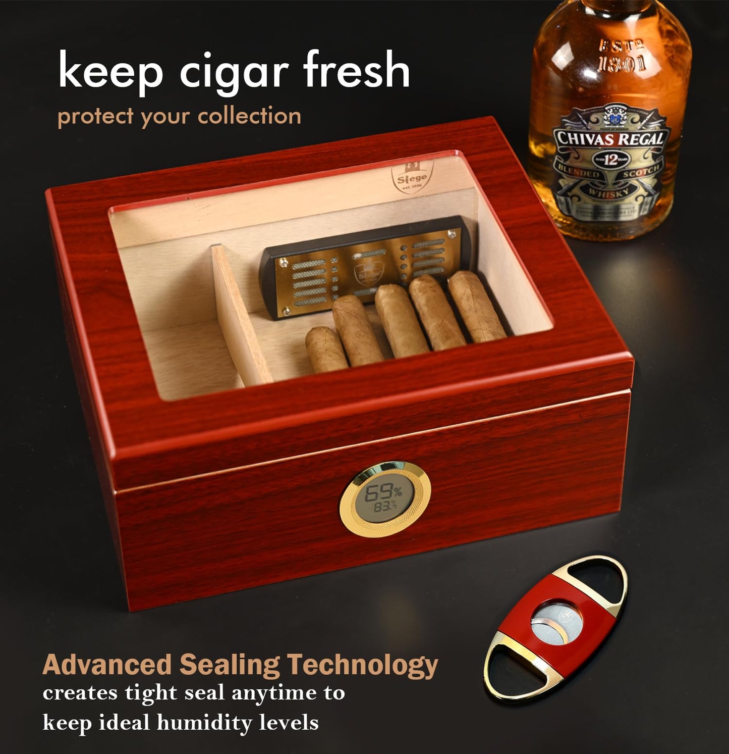 Slege Cigars Humidor, Spanish Cedar Humidor Cigars, Cigar Cabinet with Digital Hygrometer, INOX Humidifier, Divider, Cigar Box Cigar Accessories, Men's Gift, 30-50 Cigars (Cherry Red)