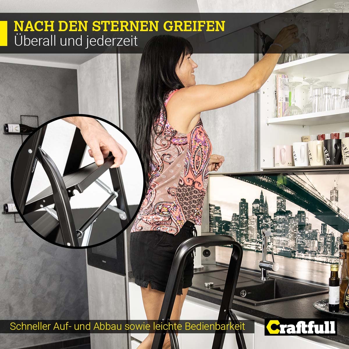 CRAFTFULL Step Ladder CF-133A | 3 Steps - 2-6 Step Ladder - Folding Step Stool - Stairway Ladder - Folding Ladder - Household Ladder - Stepladder (4 Steps Black Edition)