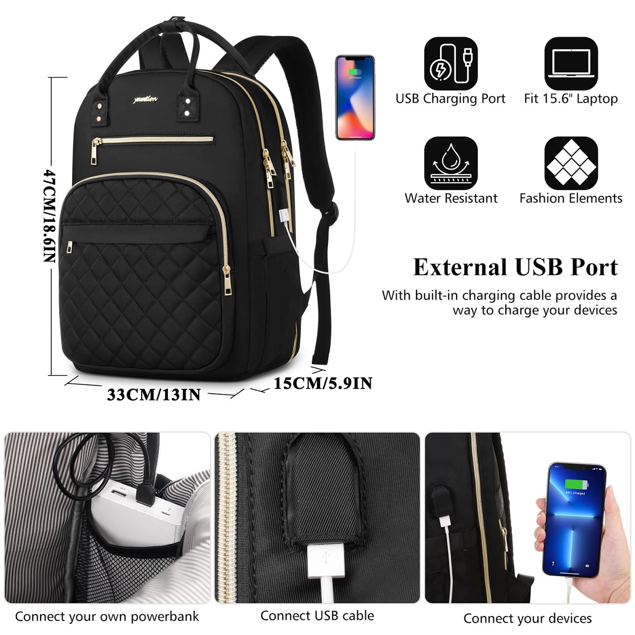 YAMTION 17.3 Inch Black Backpack for Women, School Backpack for Girls Teenagers with USB and Laptop Compartment for School University Office Work City