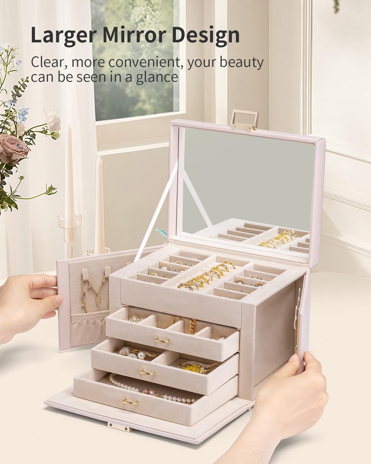 Vlando Jewelry Box Large with 4 layers, Jewelry Case PU Leather, Jewelry Box with Mirror and Drawers, Jewelry Organizers, Velvet lining, Beige