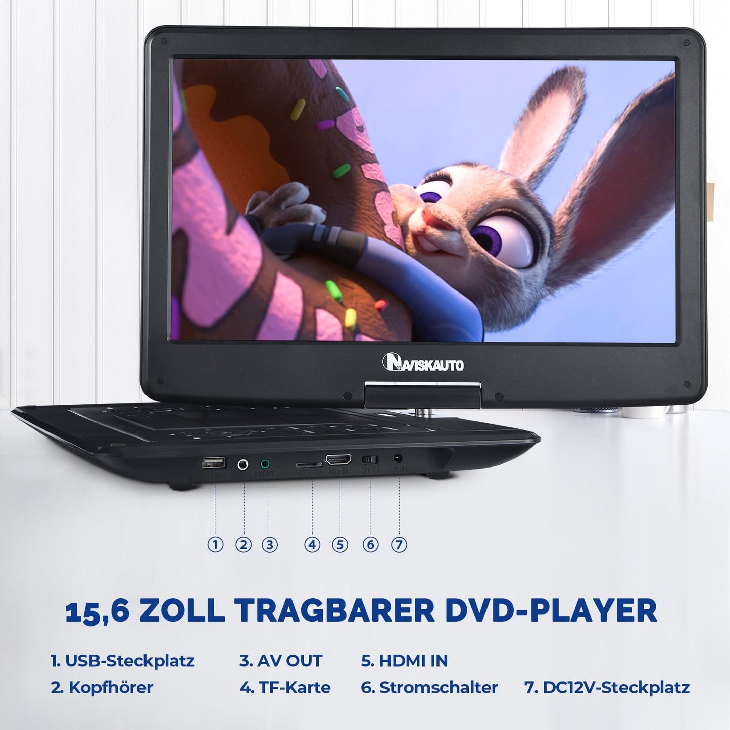 NAVISKAUTO 17.5'' portable DVD player for cars with 15.6 inch HD screen, HDMI input, 6-hour battery, supports USB, SD card, syncs with TV/projector. Perfect for kids.
