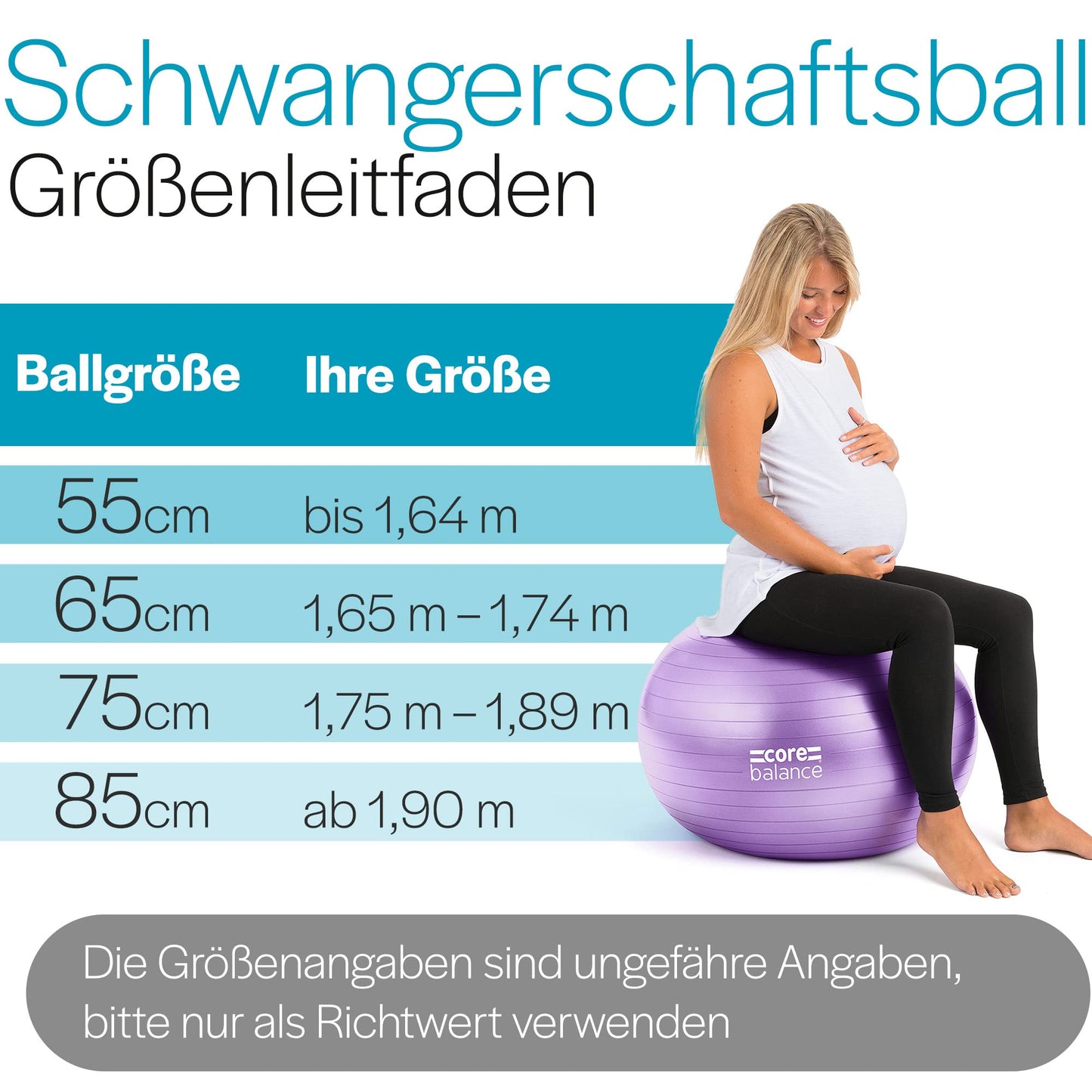 Core Balance, burst-resistant exercise ball - for fitness yoga pregnancy - 55cm 65cm 75cm 85cm - includes air pump.