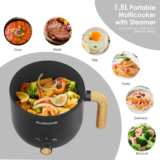 Audecook Electric Hot Pot, 1.5L Portable Mini Non-Stick Multicooker, Fast Ramen Cooker, Travel Electric Skillet with Dual Power Control for Steak/Noodles/Soup/Egg/Oatmeal