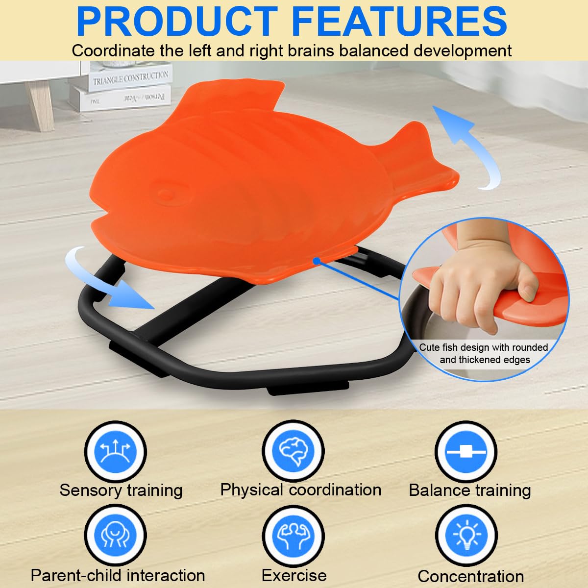 E-Solem Carousel Autism Kids Spinning Chair, Sensory Spinning Chair Training Physical Coordination and Balance, Balance Chair for Kids, Non-Slip Metal Base (Orange)
