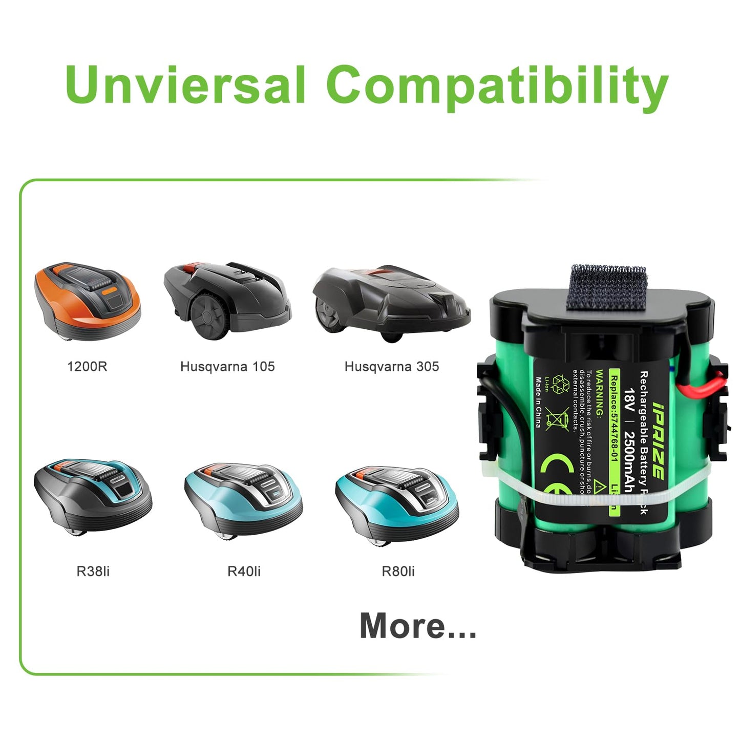 iPrize 18V 2.5Ah Li-ion replacement battery compatible with Gardena robotic lawnmowers R38Li R40Li R45Li R50Li R70Li R75Li R80Li, for Husqvarna Automower 105, 305, 308, for McCulloch ROB R600 R800 R1000 Flymo 1200R.