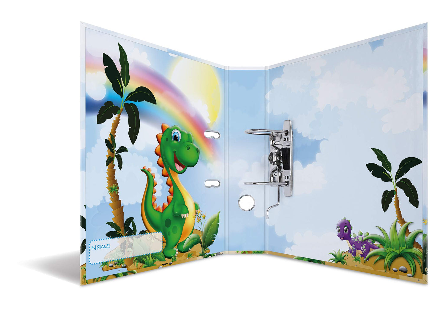 HERMA A4 Dino Set with 10 folders, 7 cm wide. Ring binder featuring kindergarten dinosaur design. Colorful file organizer with inner print for boys, girls, and kids.