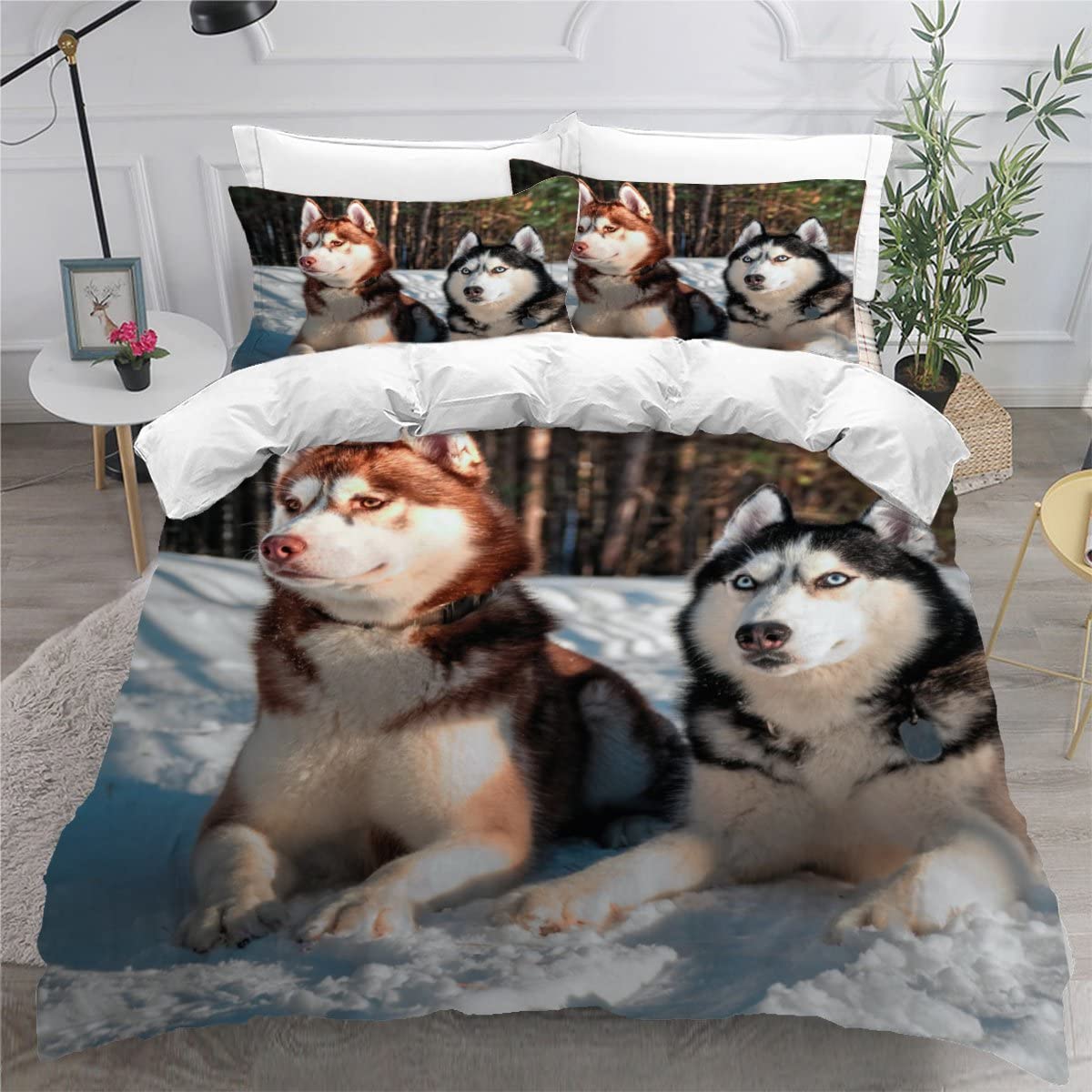 Bedding 135×200 3D Digital Print 2-piece Husky Dog Bedding Sets Children Microfiber with Zipper Animal Pattern Soft Boys Girls Bedding Duvet Cover with Pillowcase 80x80 cm