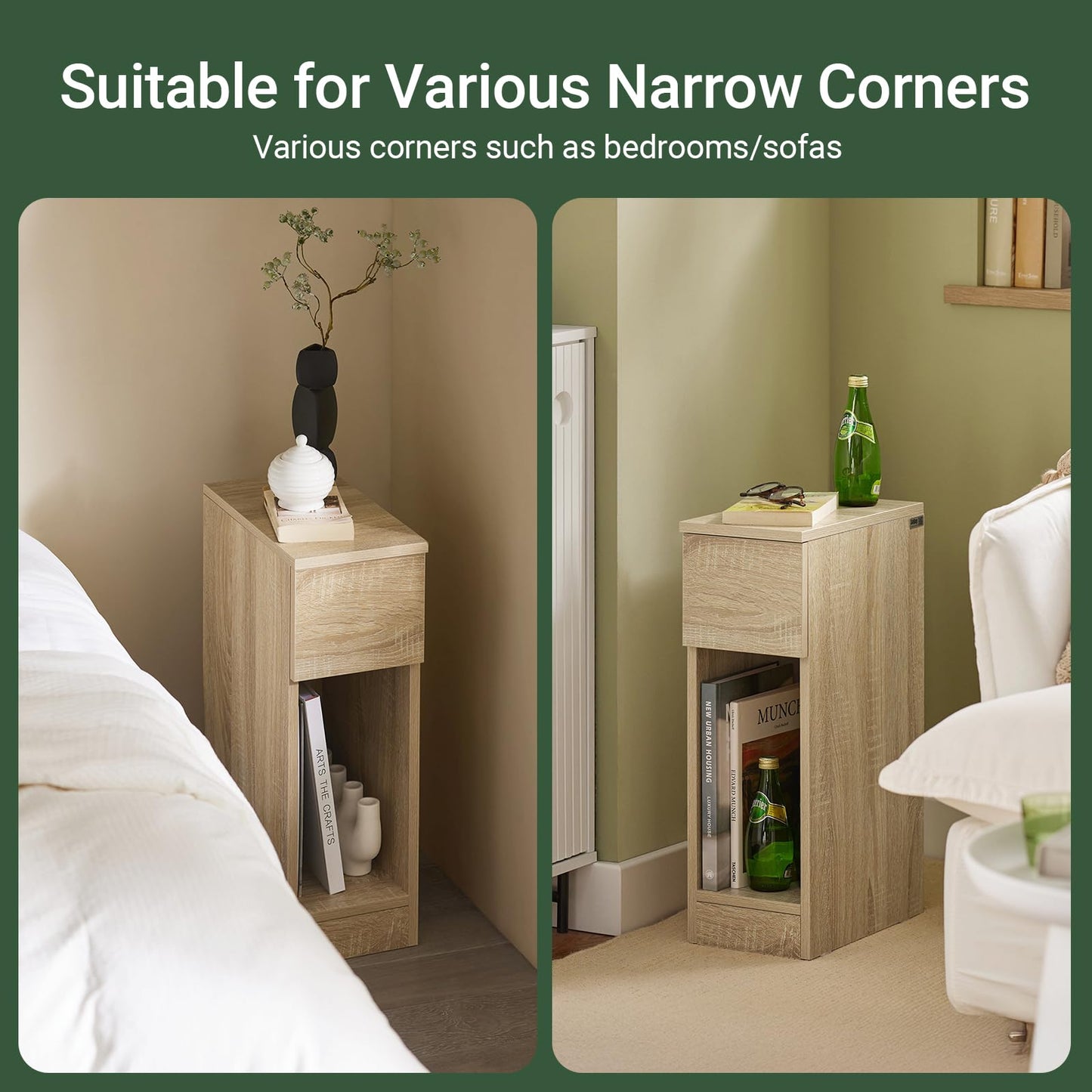 SoBuy 2-piece set of narrow bedside tables with drawer and shelf, nightstand for bedroom living room, natural wood, W20 x D35 x H60 cm FBT111-Nx2