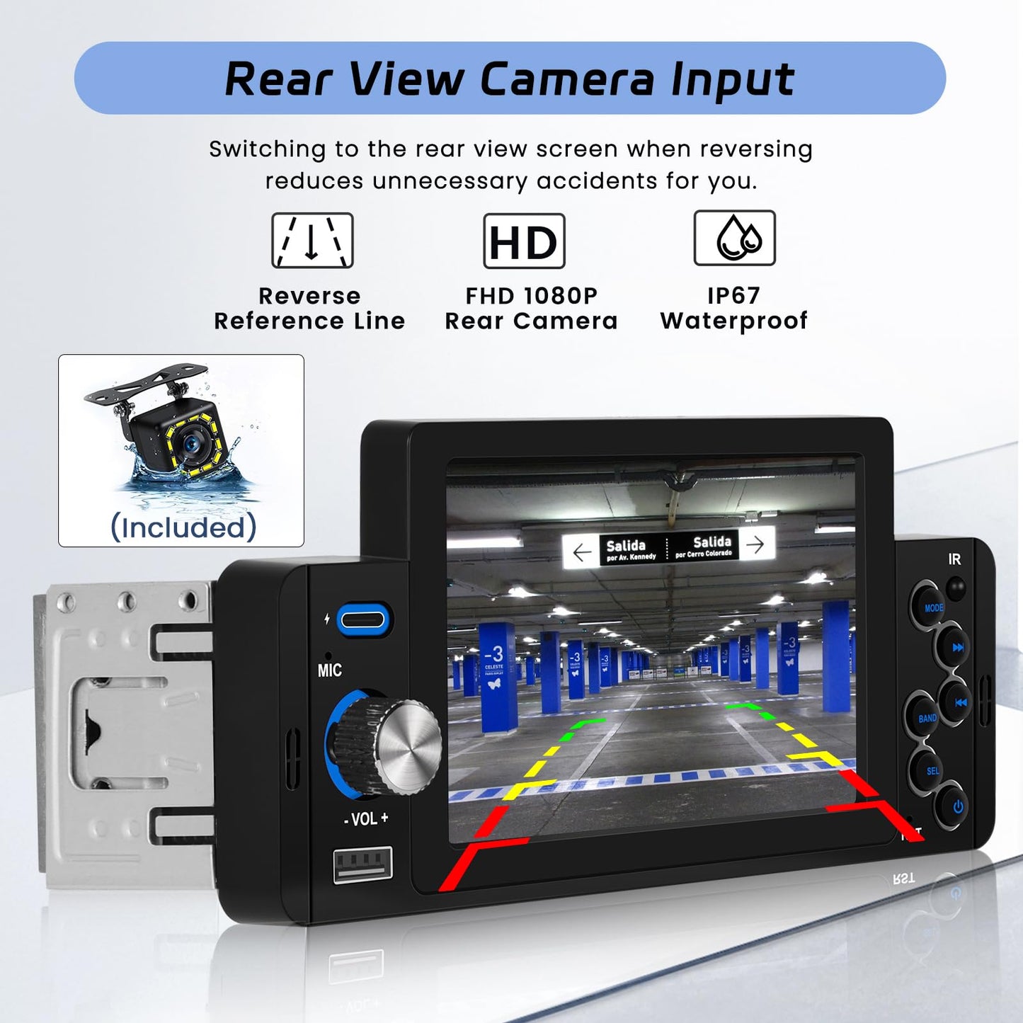 Hikity 1-Din car stereo, CarPlay Android Auto Wireless, 5" touchscreen radio, Bluetooth with reverse camera, FM radio, EQ, SWC, USB Type-C, Mirror Link.