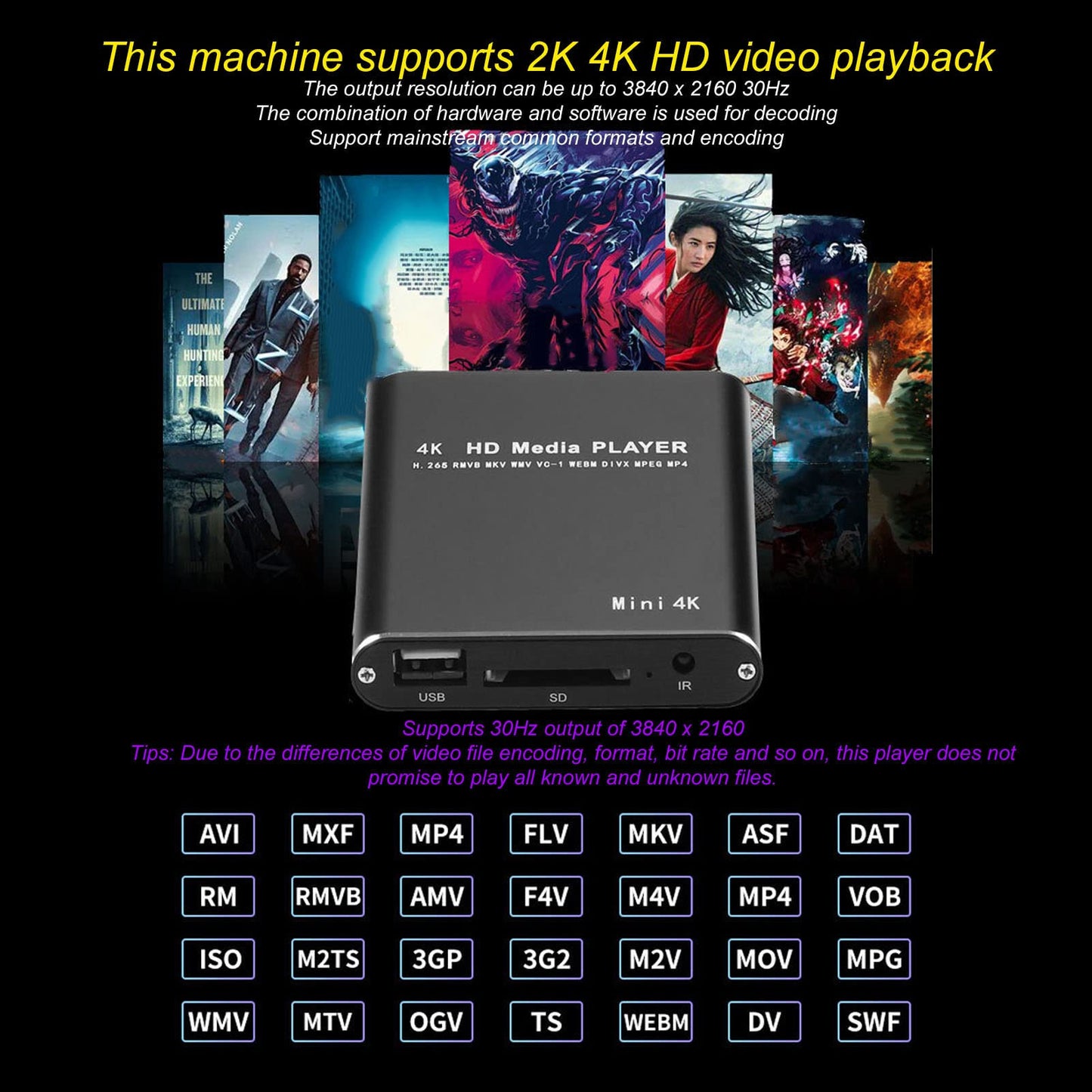 ciciglow HD Video Player, 4K, streaming media player, supports PPT, PDF, built-in 4G storage, for HD multimedia interface AV USB memory cards (4K)