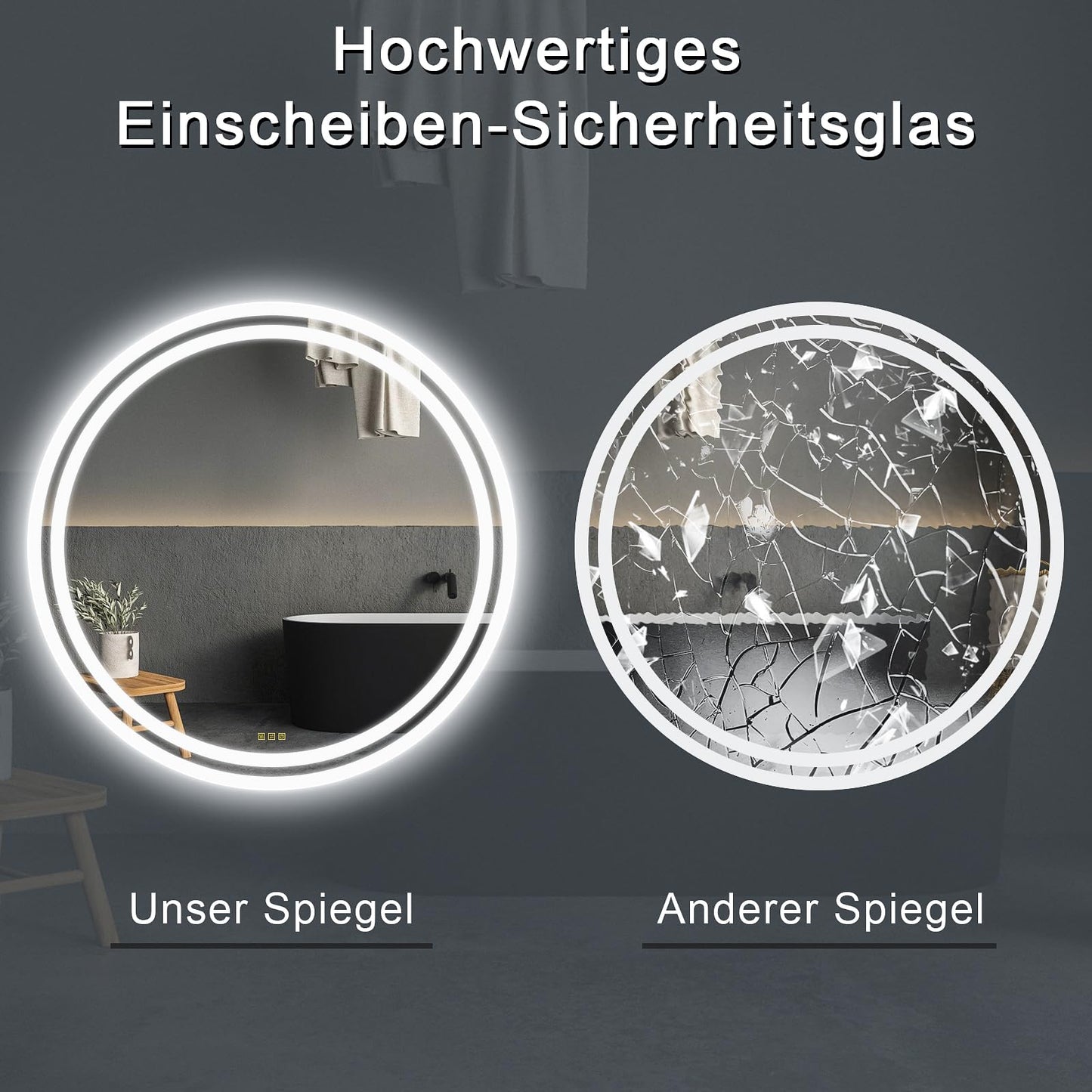 AI-LIGHTING LED bathroom mirror with lighting 50cm round illuminated mirror Anti-fog wall mirror with lighting with 3 light color dimmable 3000K/4500K/6400K