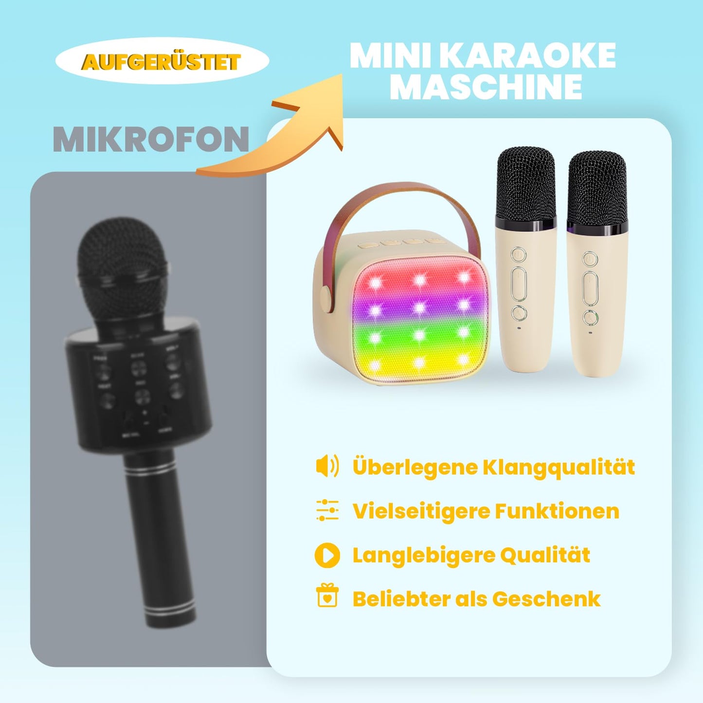 Karaoke machine with 2 wireless microphones, Wowstar Portable Bluetooth Karaoke Machine for kids and adults with voice changing effects & LED lights. Perfect for boys and girls gifts, home parties. Available in beige.