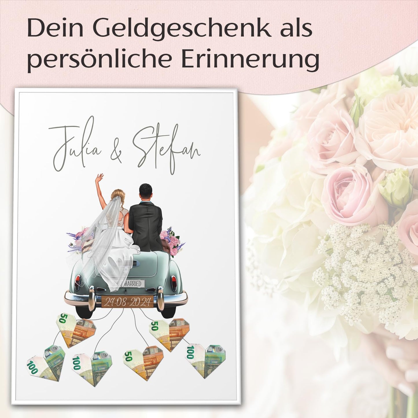 Paper Forge® Customized money gift wedding | COUPLE IS CUSTOMIZABLE | DIY wedding gifts for the bride and groom | A2 poster with frame wedding car money gift picture "Old Car"