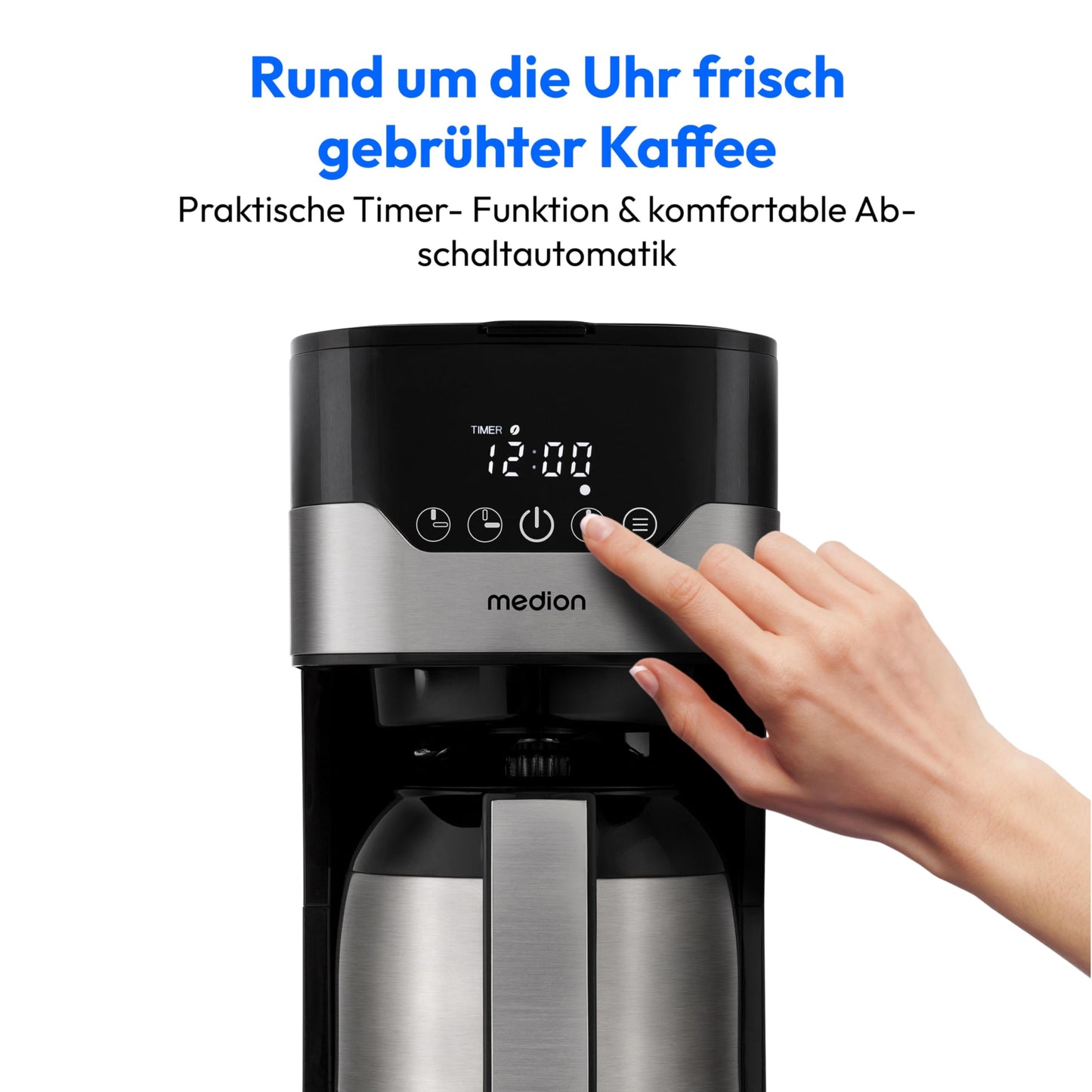 MEDION coffee machine with thermal carafe and timer (filter machine, 8 cups, 1.2 liters, 900 watts, 3 levels, keep warm function, timer clock, anti-drip, display, stainless steel) MD18458.