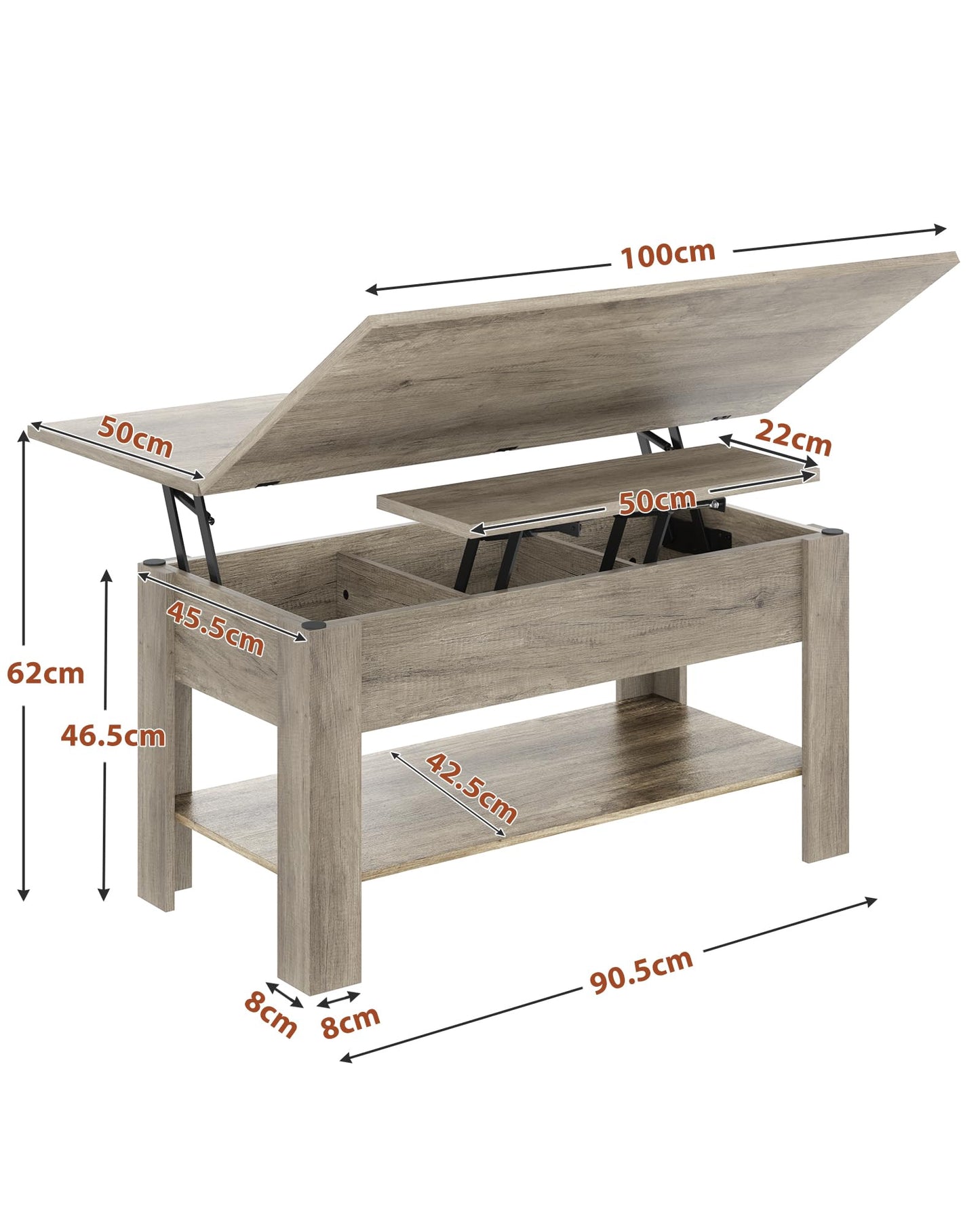 Height-adjustable coffee table, 3-in-1 multifunctional living room table, hidden storage, open shelf, can be used as a dining table, for living room, office, gray