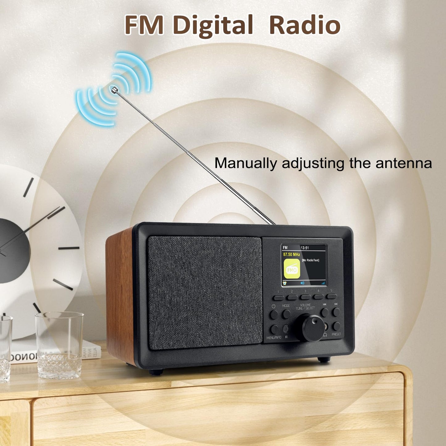 BIAOQINBO DAB Plus Radio/DAB+ with Bluetooth 5.0 FM Digital Radio Nostalgia Radios Portable Retro Radio Wood FM Radio Alarm Clock with Remote Control Kitchen Radio Dual Alarm Color Display Clock Radios