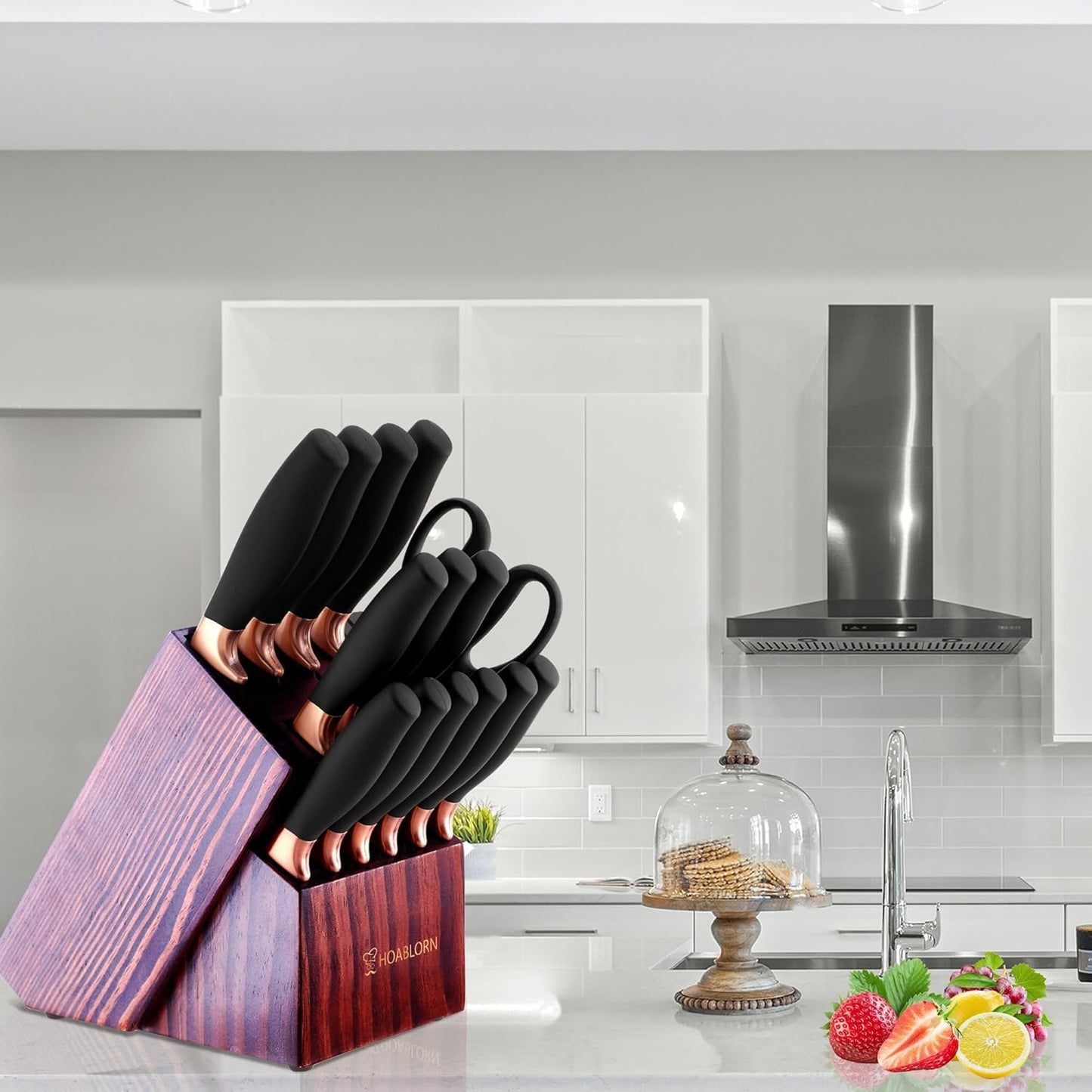 Chefhoablorn 15-PC Knife Block Set, Sharp Stainless Steel Chef Knives for Housewarming Wedding Gift