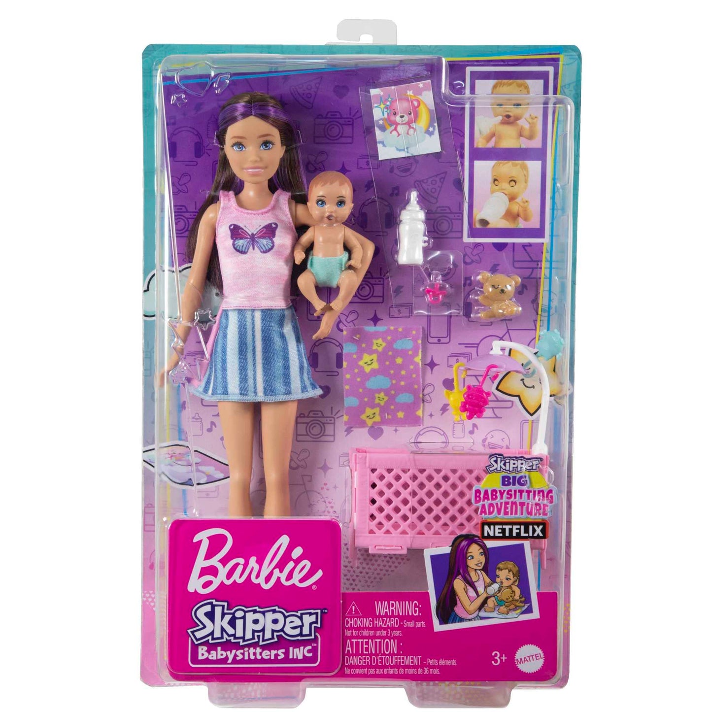 Barbie Skipper Babysitter Inc, Skipper Big Babysitting Adventure, Skipper with brown hair and baby, bottle, crib, accessories, includes 2 dolls, can be given as a gift, HJY33