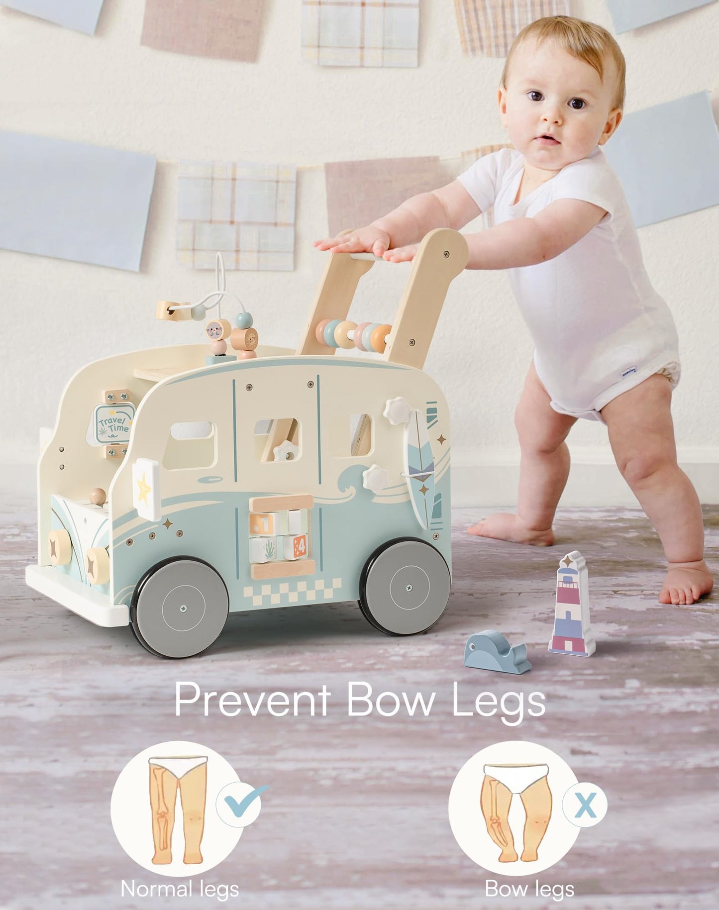 ROBUD wooden baby walker, multifunctional with wheels and building block toys, activity center set. Perfect gift for toddlers aged 10 months to 1-2 years.