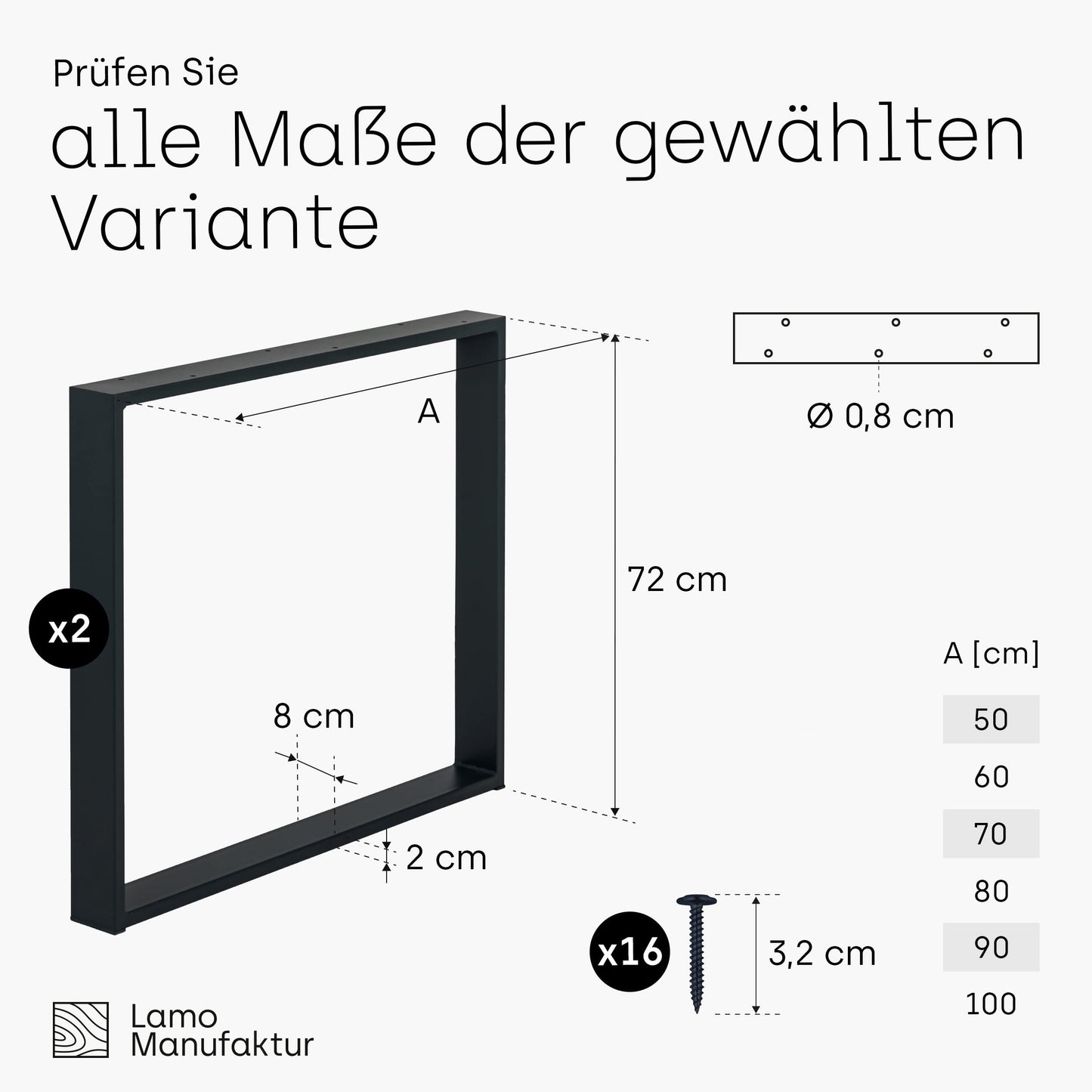 LAMO manufacturing table legs for desk dining table, Simple Massive, square profile 80x20 mm, table frame 80x72 cm (WxH), black, 2 pieces, LTS-01-C-FF-9005