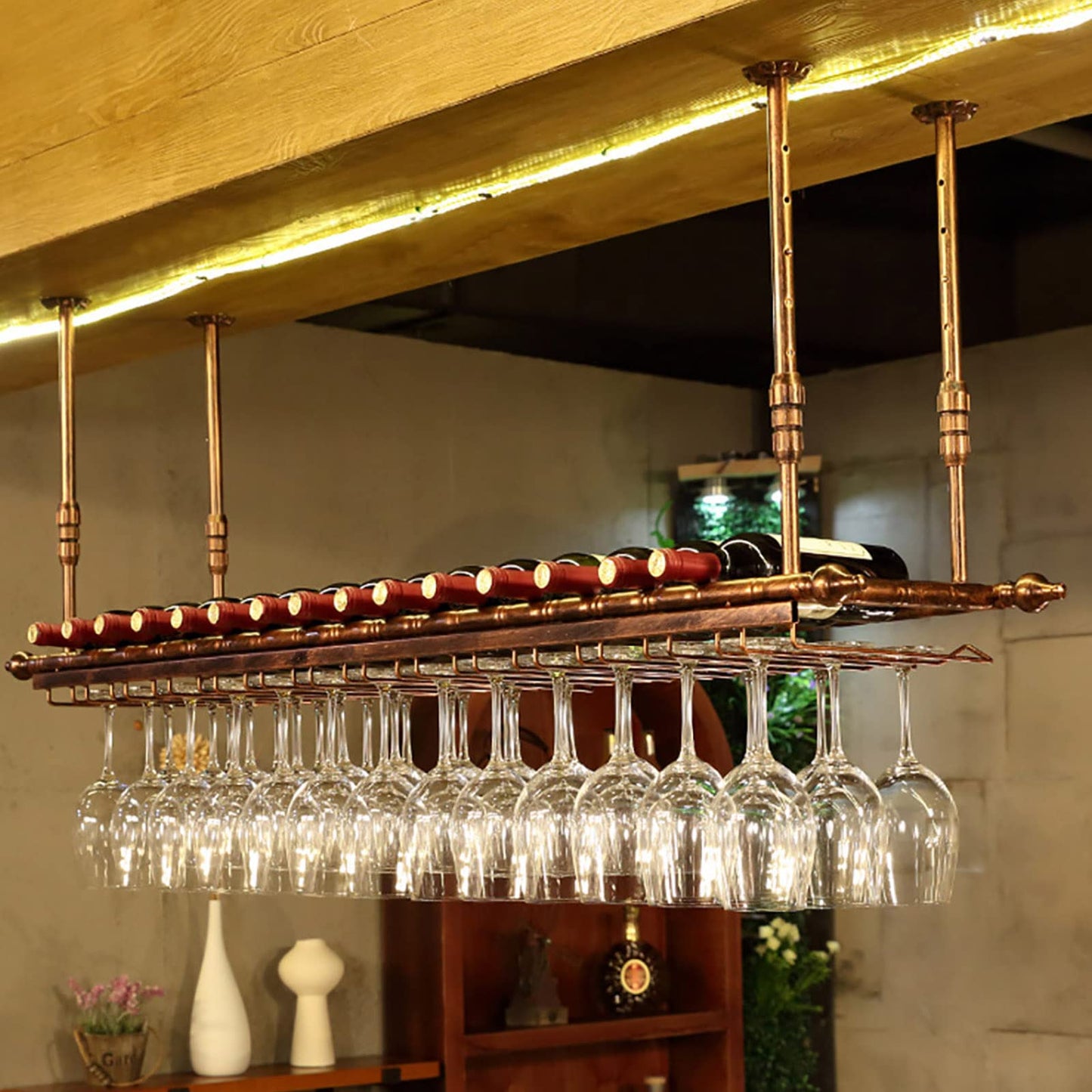 Ceiling wine rack, height and width adjustable hanging wine rack, inverted wine glass decoration shelf, free space on the desk, suitable for bar wine cellar kitchen (bronze, 120×30cm)