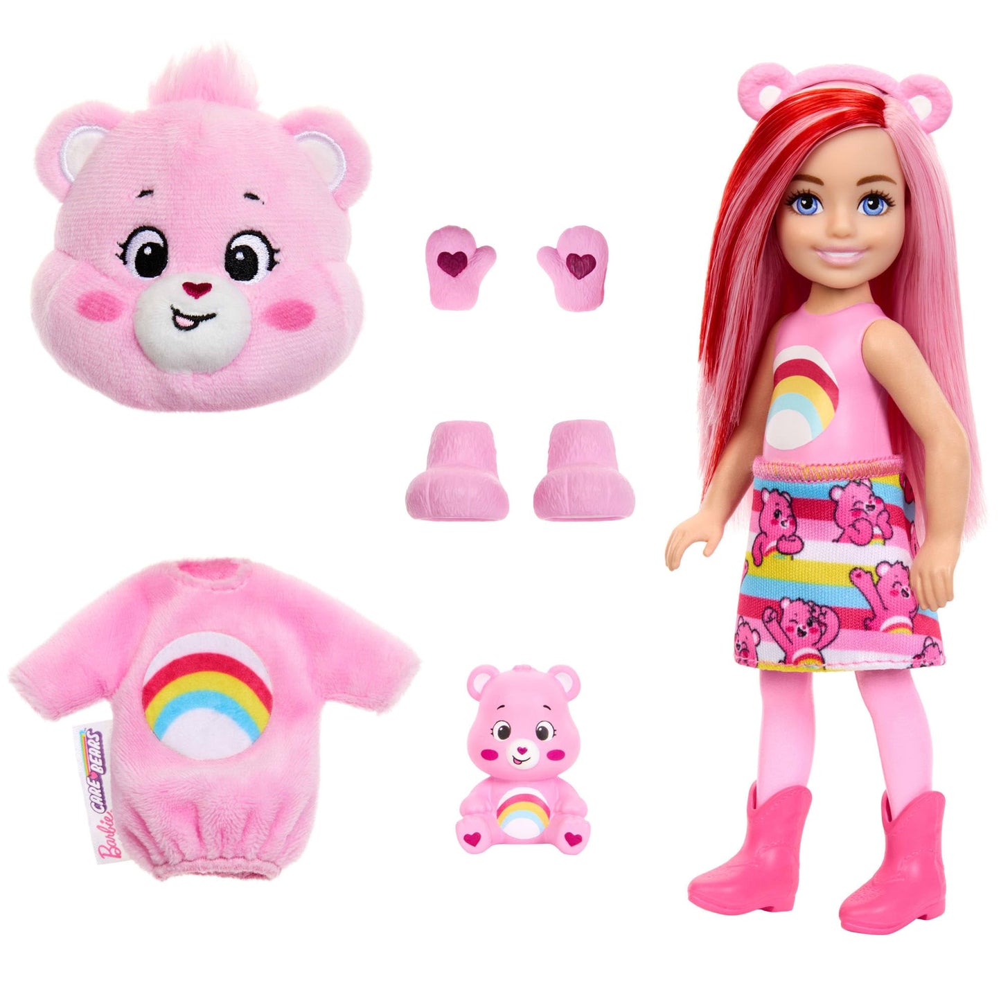 Barbie Cutie Reveal Chelsea doll and accessories, Care Bears line, small doll in plush costume with 6 surprises (styles may vary), JCN97