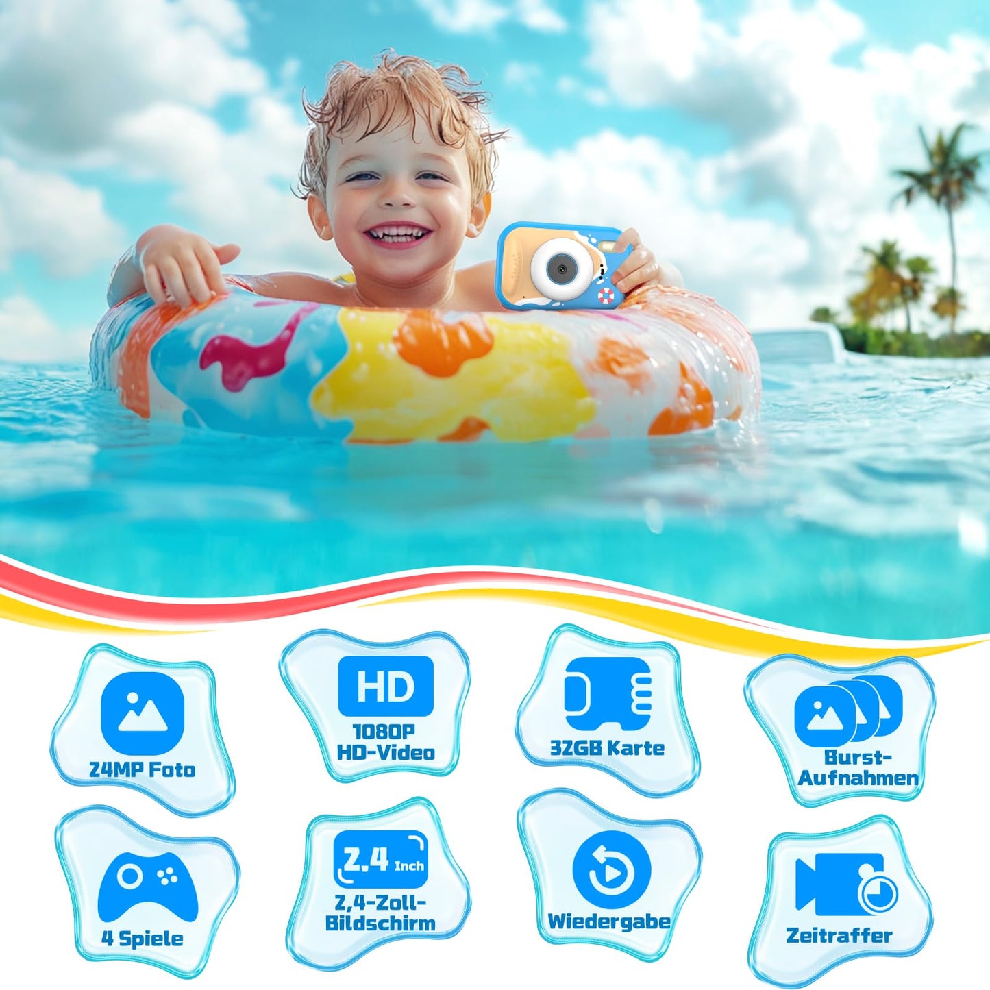 ULEWAY kids camera, 1080P children's camera underwater, digital camera underwater camera with 2.4" screen, 32GB SD card, 10M/32.8FT photo toy gift for kids aged 3-12 years