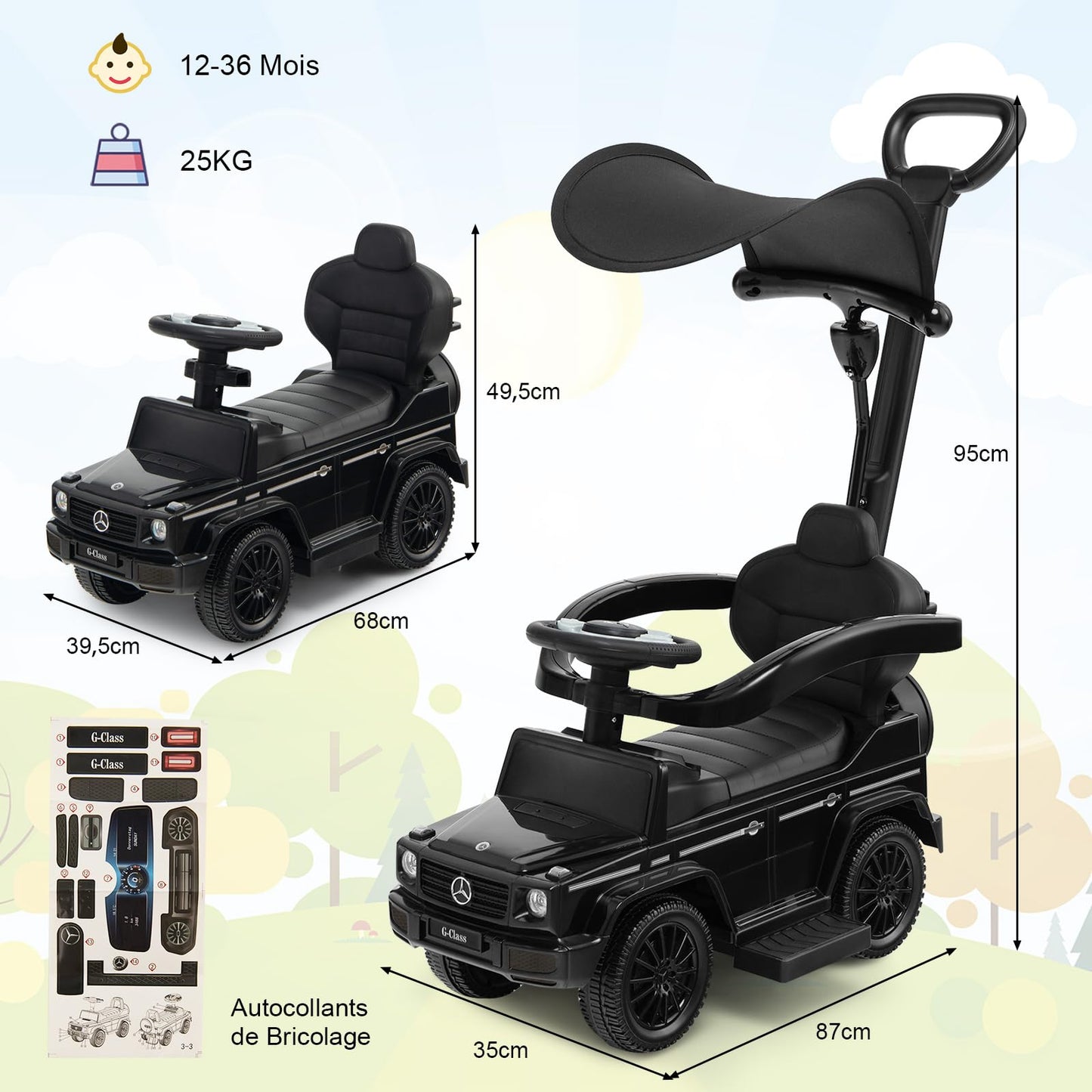 COSTWAY Mercedes Benz Ride-on Car, 3 in 1 Push Car with Sunshade & Storage & Removable Guardrail & Push Handle, Ride-On Vehicle with Engine Sound & Horn, for Kids 1 Year and Up (Black)