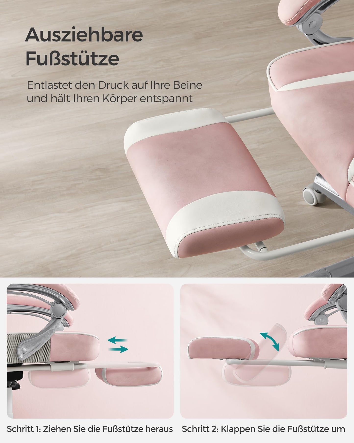 SONGMICS Office Chair with Adjustable Footrest, Headrest, Lumbar Pillow, Height Adjustment, Ergonomic Design, Reclining Backrest, Supports up to 150 kg, Pastel Pink and Cream White OBG073P01