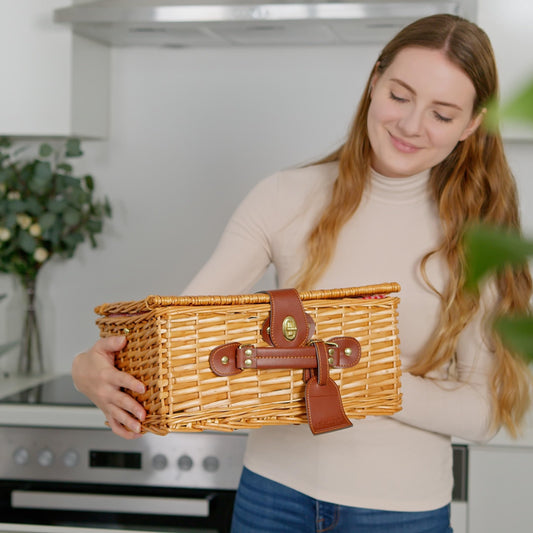 Enjoy willow wicker picnic basket for 2 with cooler & accessories – picnic set with utensils, porcelain plates, wine glasses – for camping, wedding & gift idea – BLUE