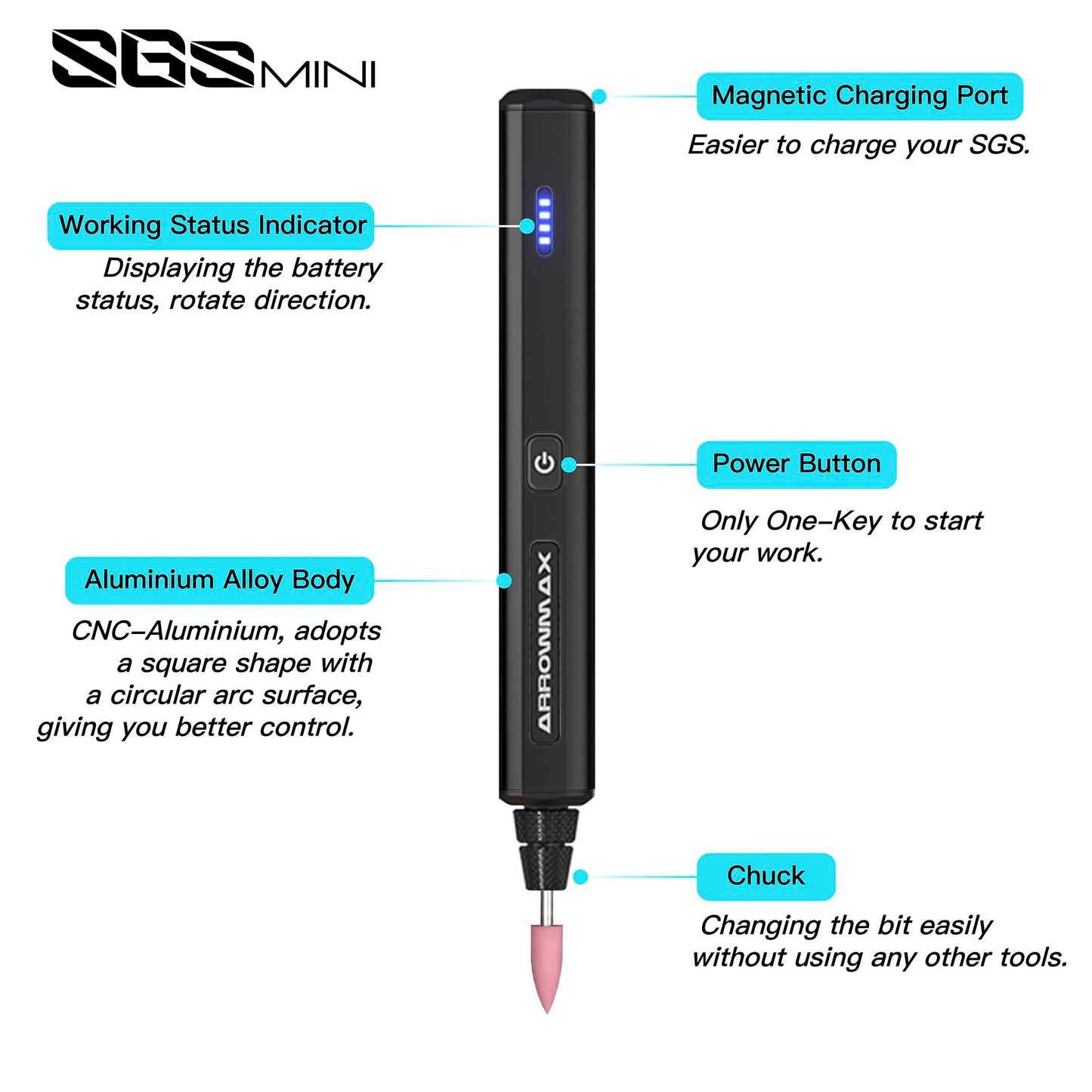 ARROWMAX wireless, rechargeable electric engraving pen with 36 bits, aluminum housing, Bluetooth, APP, wireless magnetic charging, etching tool for DIY, engraving, (SGS MINI), Black