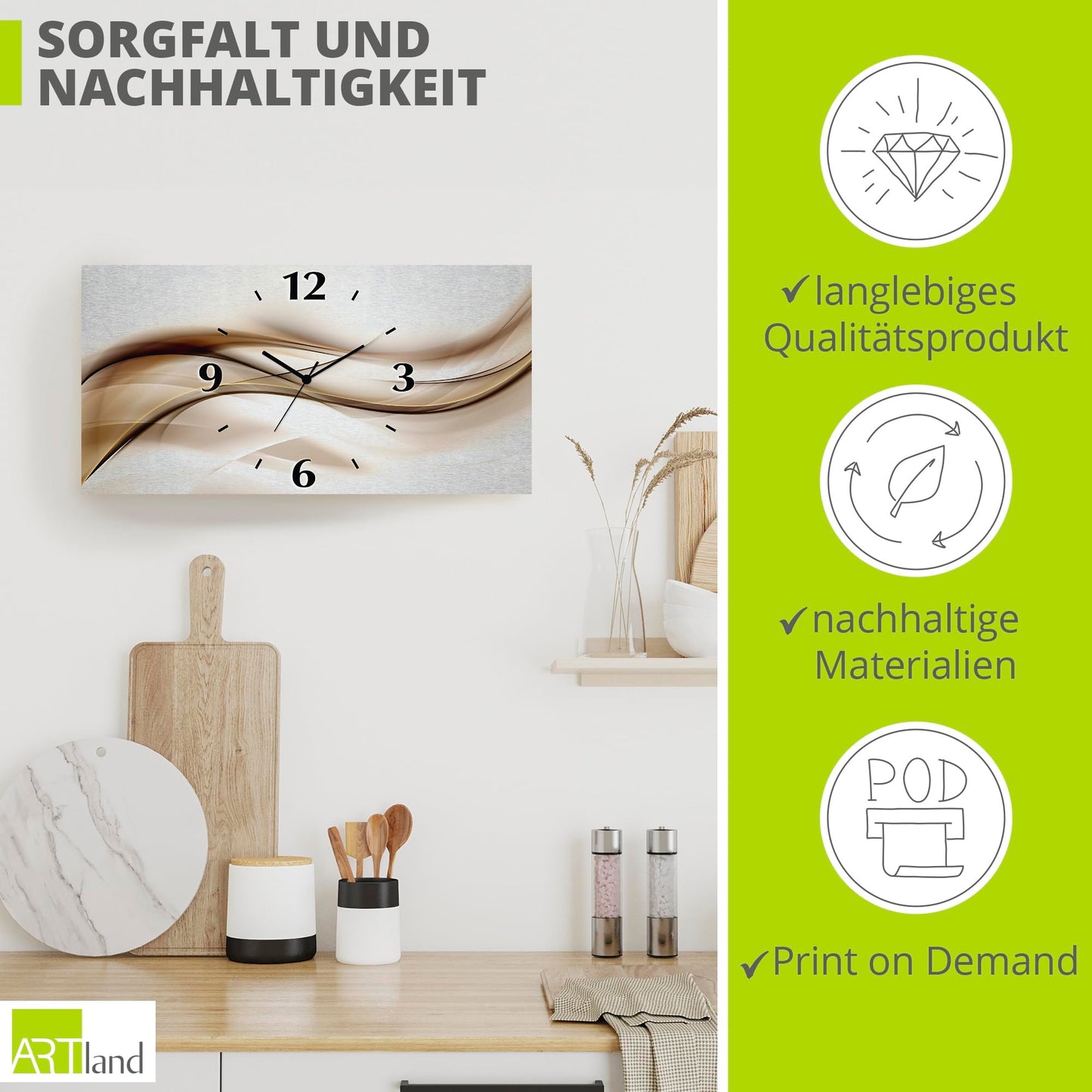 ARTLAND wall decoration wall clock without ticking noises aluminum quartz clock 60x30 cm square silent 3D design wave abstract modern unique T9LI