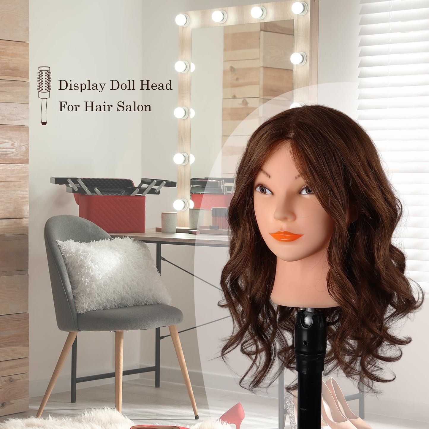 DaizySight Adult Mannequin Head 100% Real Hair, Hairdressing Training Head for Styling and Children, Practice Head Mannequin with Clamp and Hairstyling Tool, Length: 46cm, Dark Brown