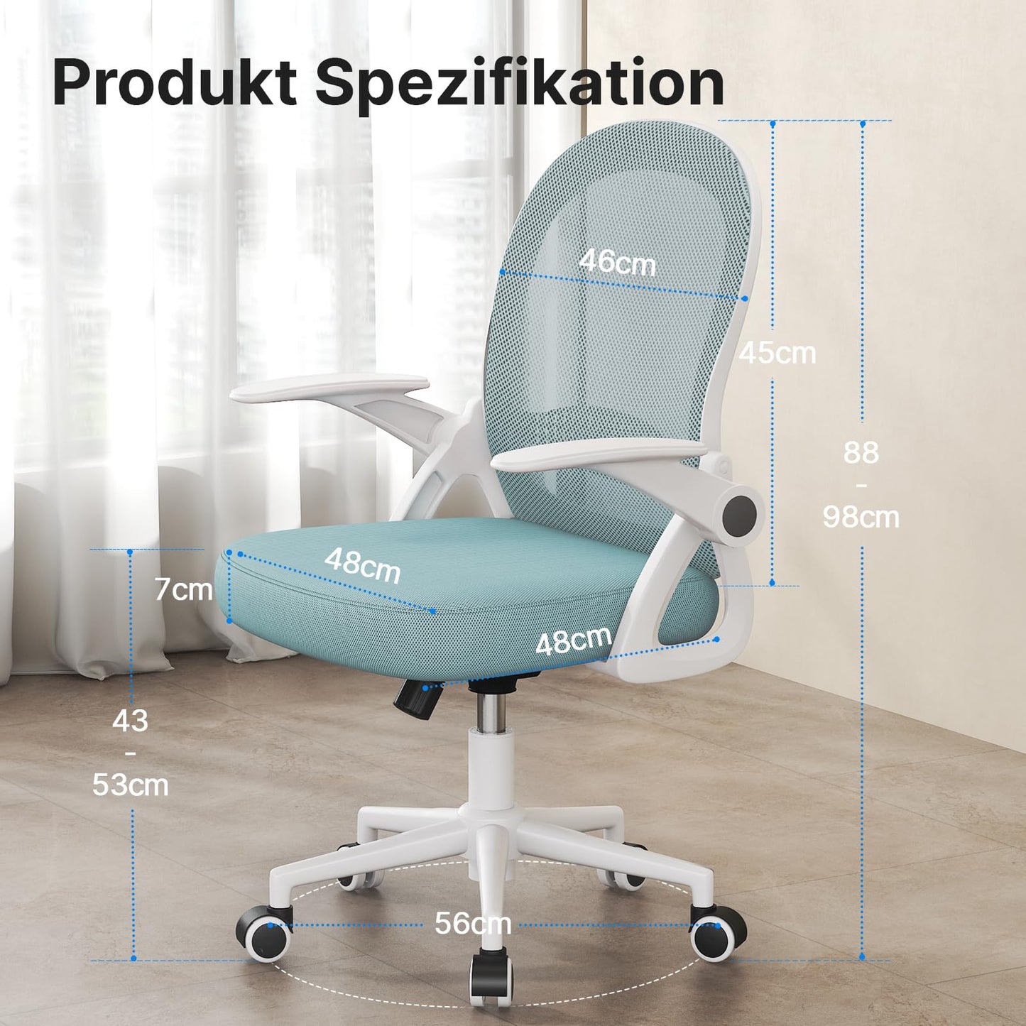 Rattan tree Ergonomic Office Chair, Desk Chair with Breathable Backrest, Height Adjustable, Mesh Chair with Foldable Armrests, Computer Chair, 360° Swivel Chair for Office, Home, Blue