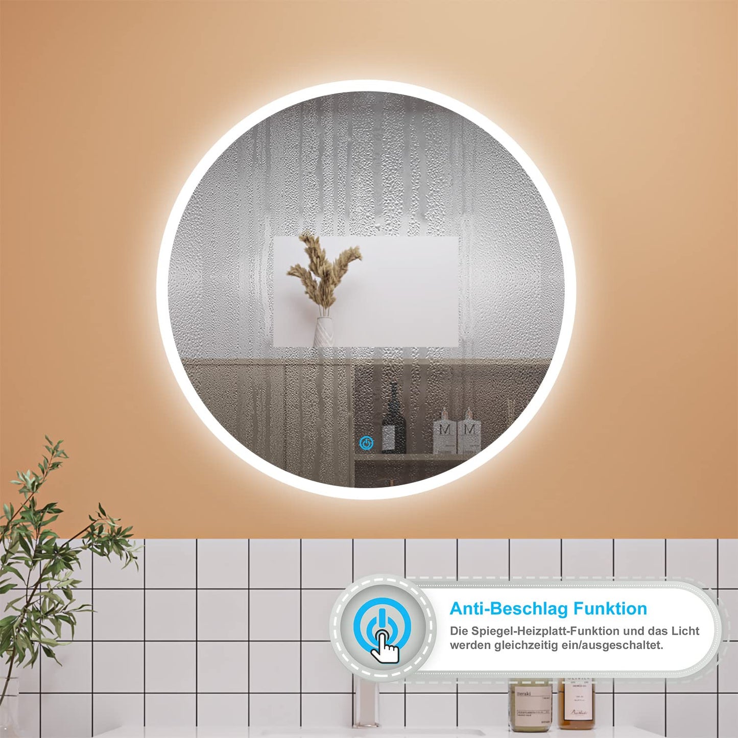 Aica Sanitary LED Bathroom Mirror ROUND 80cm Touch Anti-Fog Wall Mirror Round Mirror Cool White Explosion-proof Film IP44 Energy Saving